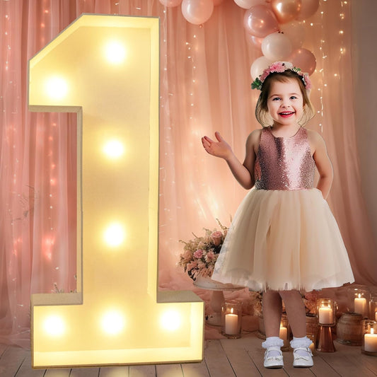 3FT Light up Marquee Numbers, Warm White LED Large Lighted Marquee Number 1 for 1St 16Th 21St Birthday Decoration, Giant Mosaic Light up Number Balloons Anniversary Party Wedding Decoration