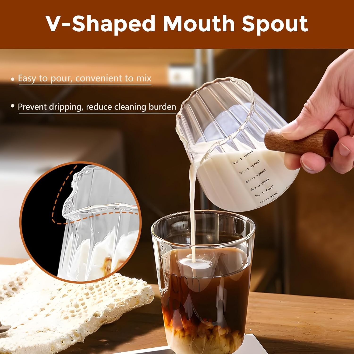 6 Oz/180Ml Glass Measuring Cup with Wooden Handle – Espresso Shot Cups, Ribbed Milk Frothing Pitcher, Dual Scale Markings, V-Shaped Mouth for Easy Pouring