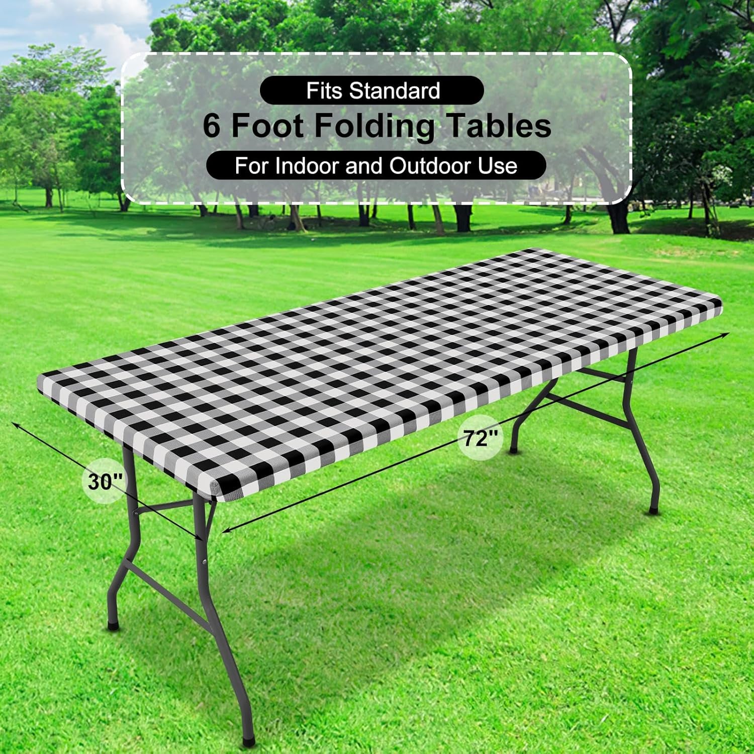 Buffalo Rectangle Picnic Tablecloth, 6 Foot Elastic Fitted Vinyl Table Cloth with Flannel Backing, Waterproof Plaid Table Covers for Dining, Camping, Outdoor (Black and White, 30" X 72")