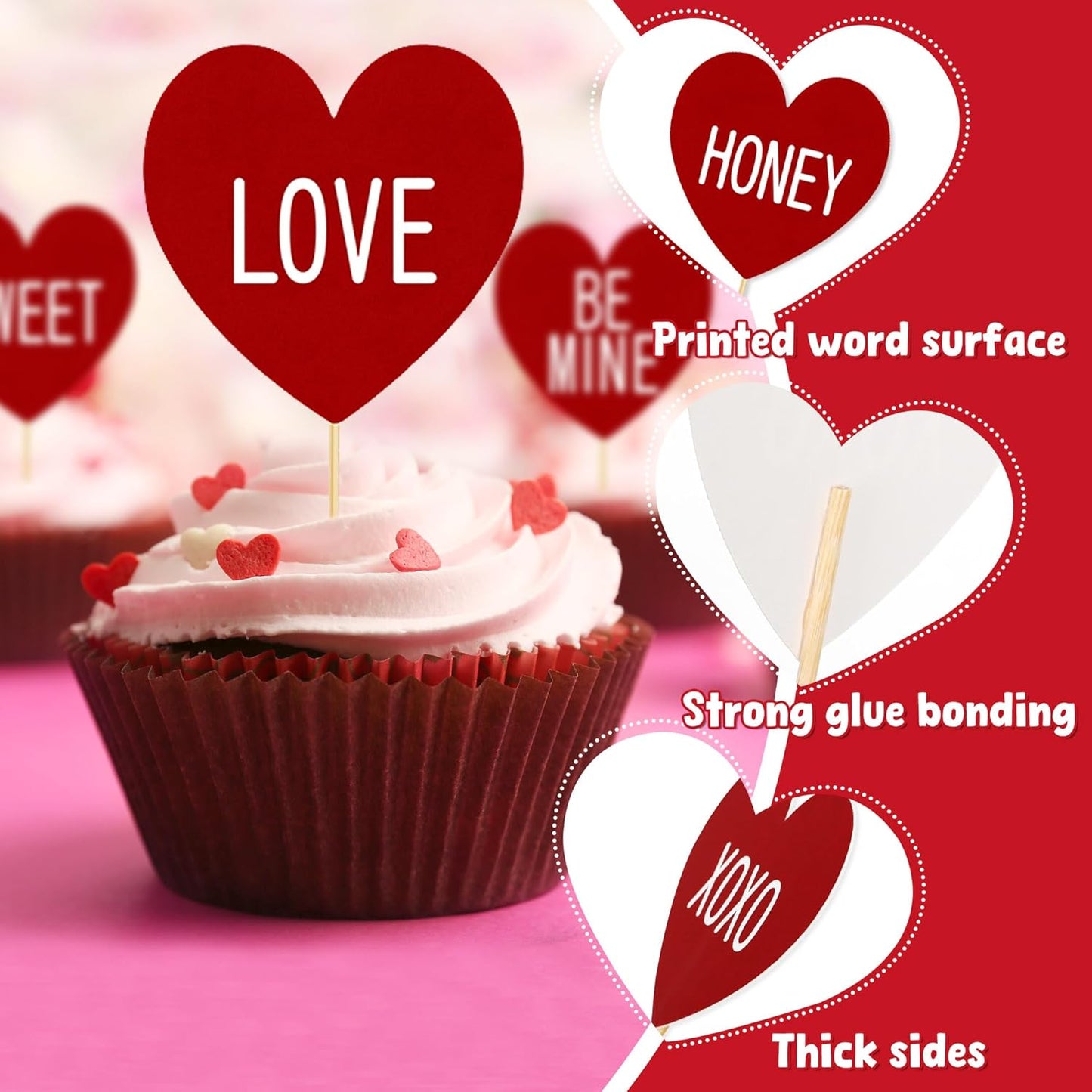 24 PCS Valentines Cupcake Toppers, 4.53 in Conversation Red Cake Toppers, "LOVE" "KISS ME" Design Heart Cupcake Toppers Valentines Day Cake Toppers, Wedding Cake Decor Valentine Cupcake Decorations