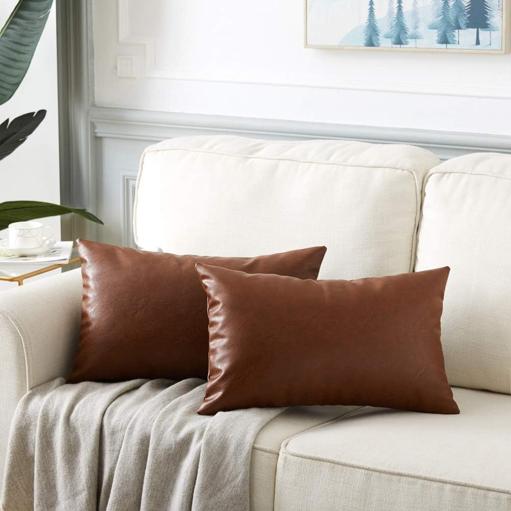 Faux Leather Boho Decorative Throw Pillow Covers, Thick Modern Solid Square Cushion Case Set for Couch Sofa Bedroom Car Living Room (12X20 Inch/30X50 Cm, Brown)