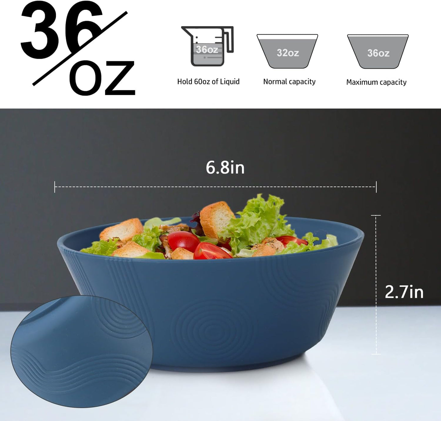 Wheat Straw 36 Oz Soup Bowl Set - 6 Unbreakable, Microwave and Dishwasher Safe Dinnerware, Eco-Friendly Alternative to Plastic, Ideal for Kitchen Use, Soup, Dinner, and Pho (Navy Blue)