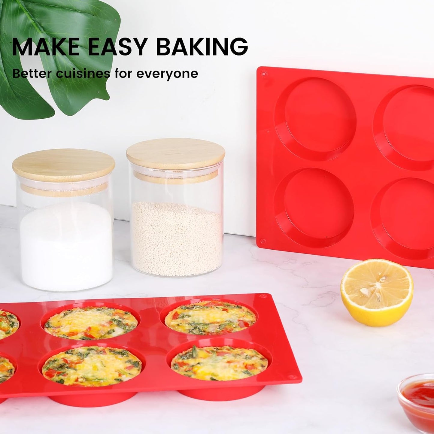 Muffin Top Pan, Silicone Egg Bite Molds for Breakfast Sandwiches, 3 Inch Egg Bite Maker, Non-Stick Silicone Mold for Oven, Whoopie Pies, Eggs Muffins, 3 Pcs-Red