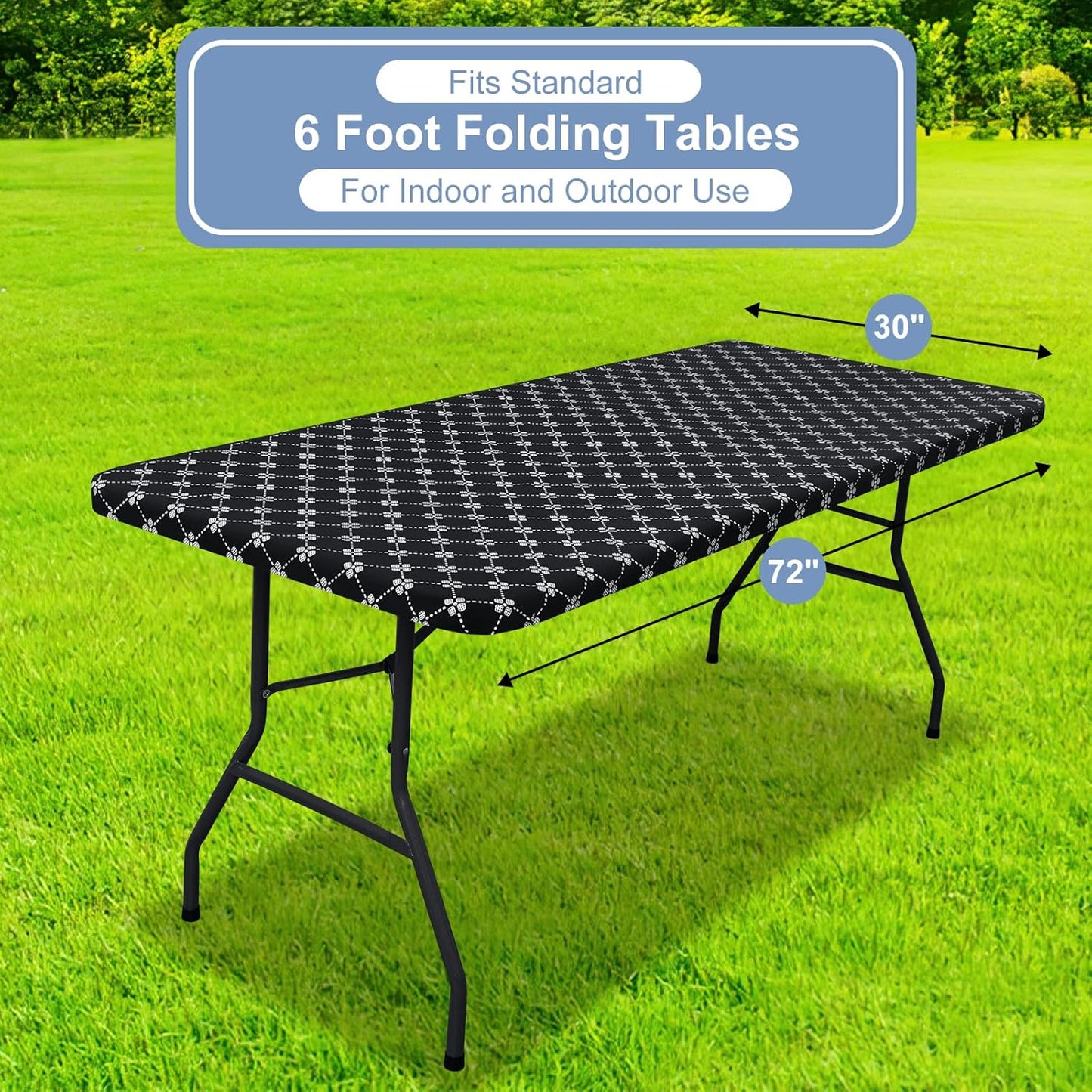 Rectangle Vinyl Table Cloth, Elastic Fitted Tablecloth with Flannel Backing, 6 Foot Waterproof Plastic Table Cover for Camping, Indoor and Outdoor (Black, 30" X 72")