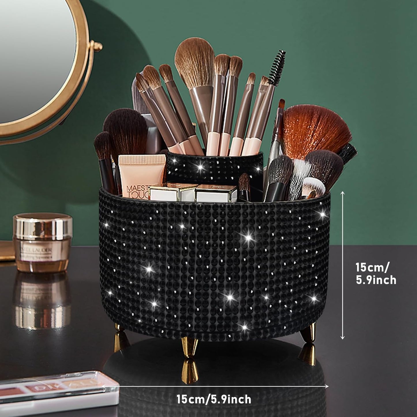 Bling Diamond 360° Makeup Brush Holder Organizer, Rotating Makeup Brush Organizer,5 Slot Make up Brushes Cup for Cosmetics, Vanity Desktop Organizer, Gift for Women Teen Girls- Diamond Black