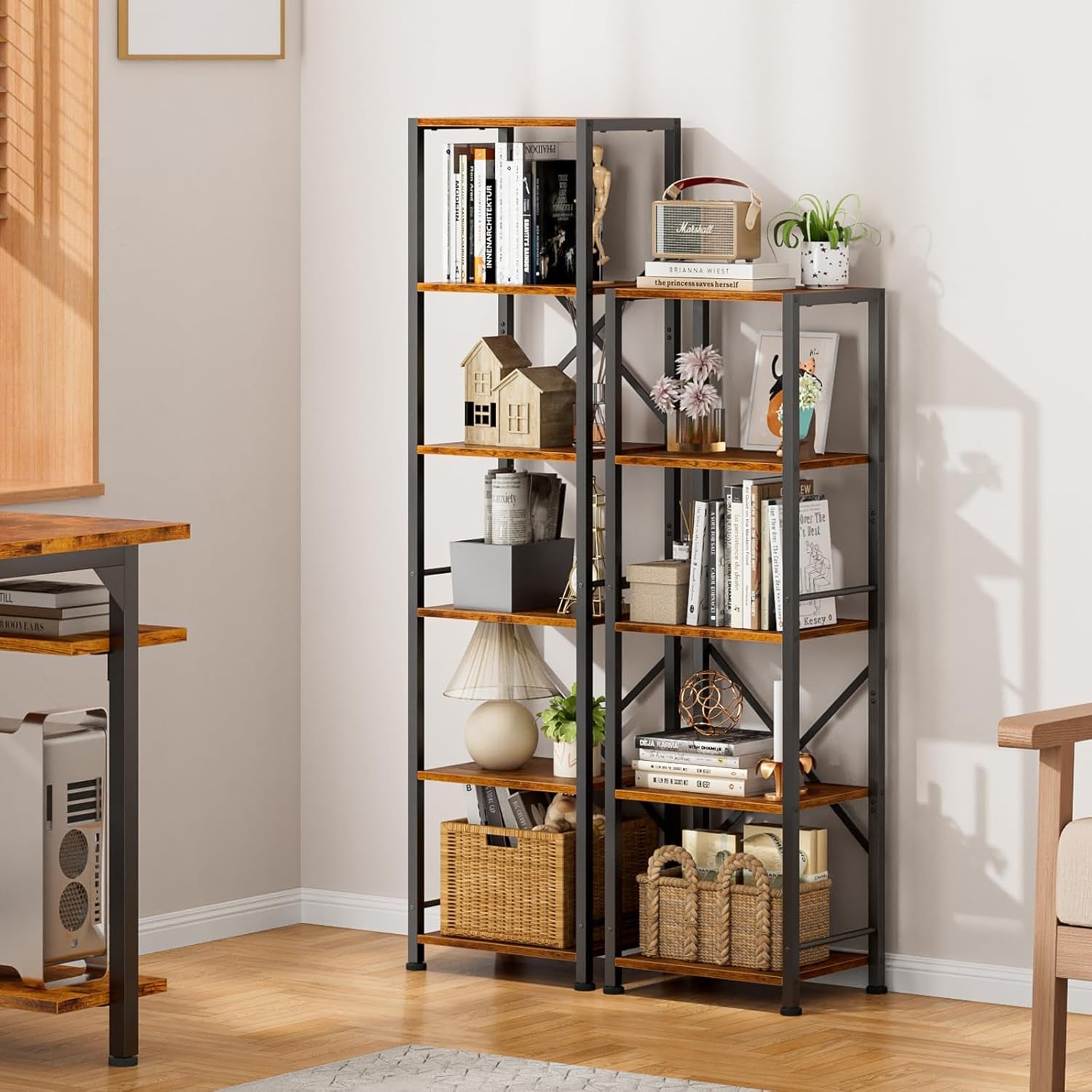 6 Tier Tall Bookshelf, Industrial Narrow Bookcase, Display Standing Shelf Units, Metal and Wood Storage Rack Organizer for Living Room, Home Office, Entryway, Kitchen, Rustic Brown