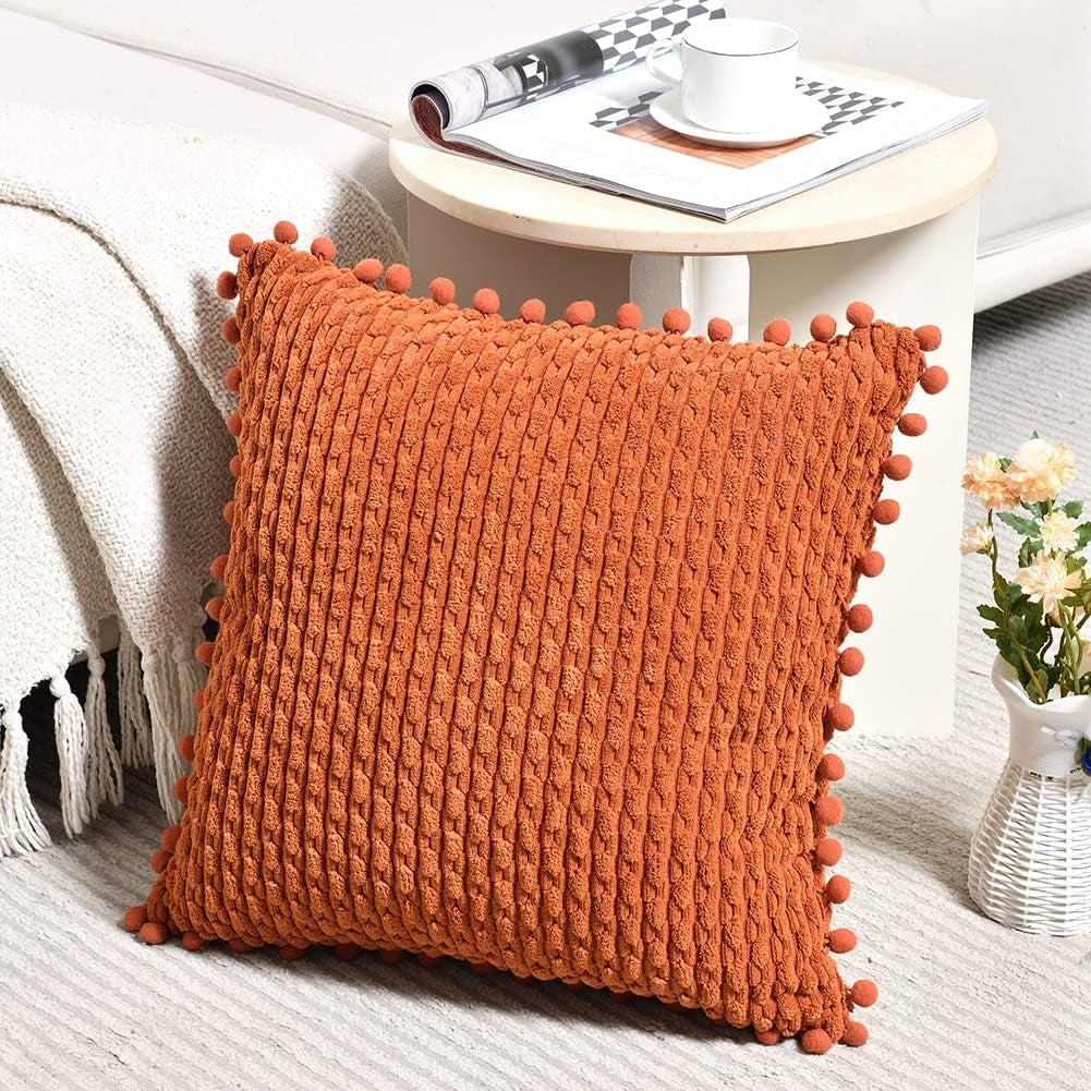 Set of 2 Rust Decorative Throw Pillow Covers 18X18 Inch with Pom-Poms for Couch Bed Sofa, Modern Farmhouse Boho Home Decor, Soft Plush Corduroy Terracotta Cushion Case 45X45 Cm