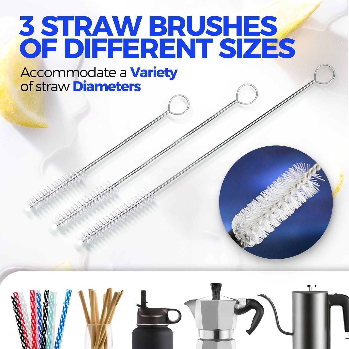 Bottle Brush Cleaner Set, 14" Long Handle Stainless Steel Bottle Cleaner Brush, 3 Straw Cleaner Brush, Bottle Cleaning Brush for Water Bottle, Cups, Abrasive Wheel Brushes, Straws Black