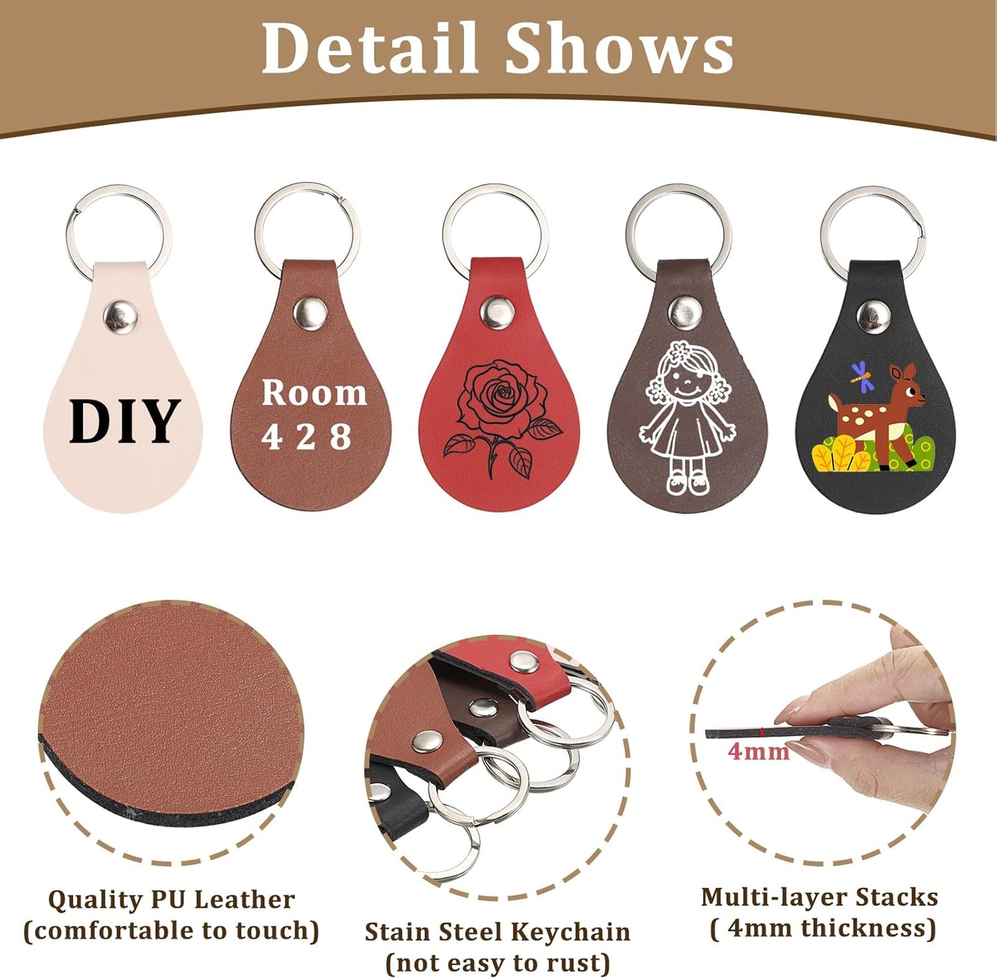 100-Piece Leather Keychain Blanks Set, 10 Color Options for Engraving, Personalized PU Leather Key Fob Kit for DIY Crafts and Gift Accessories