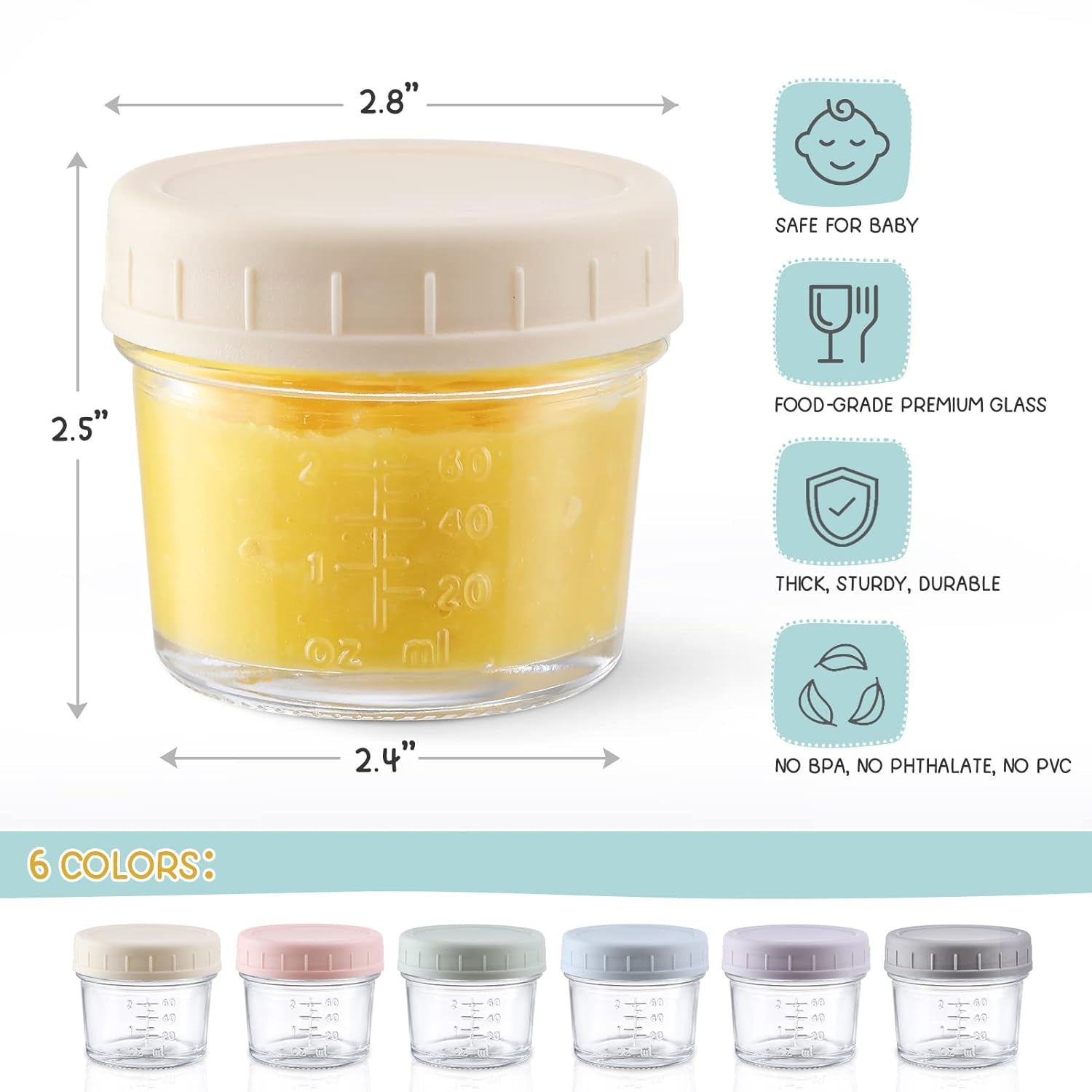 6 Pack Glass Baby Food Storage Containers - 4 Oz Baby Food Storage Jars with Lids, Baby Food Maker, Microwave, Dishwasher & Freezer Safe