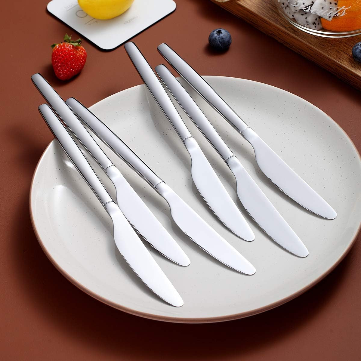 Set of 6 Stainless Steel Modern Dinner Knives - Dishwasher Safe Shiny Butter Knives