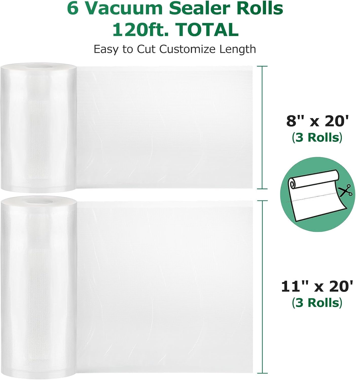 Vacuum Sealer Bags Food Rolls 6 Packs - 8" X 20' & 11" X 20', Commercial Grade Seal a Meal Bags for Storage Food and Sous Vide, BPA Free, Customized Size for Vacuum Sealer