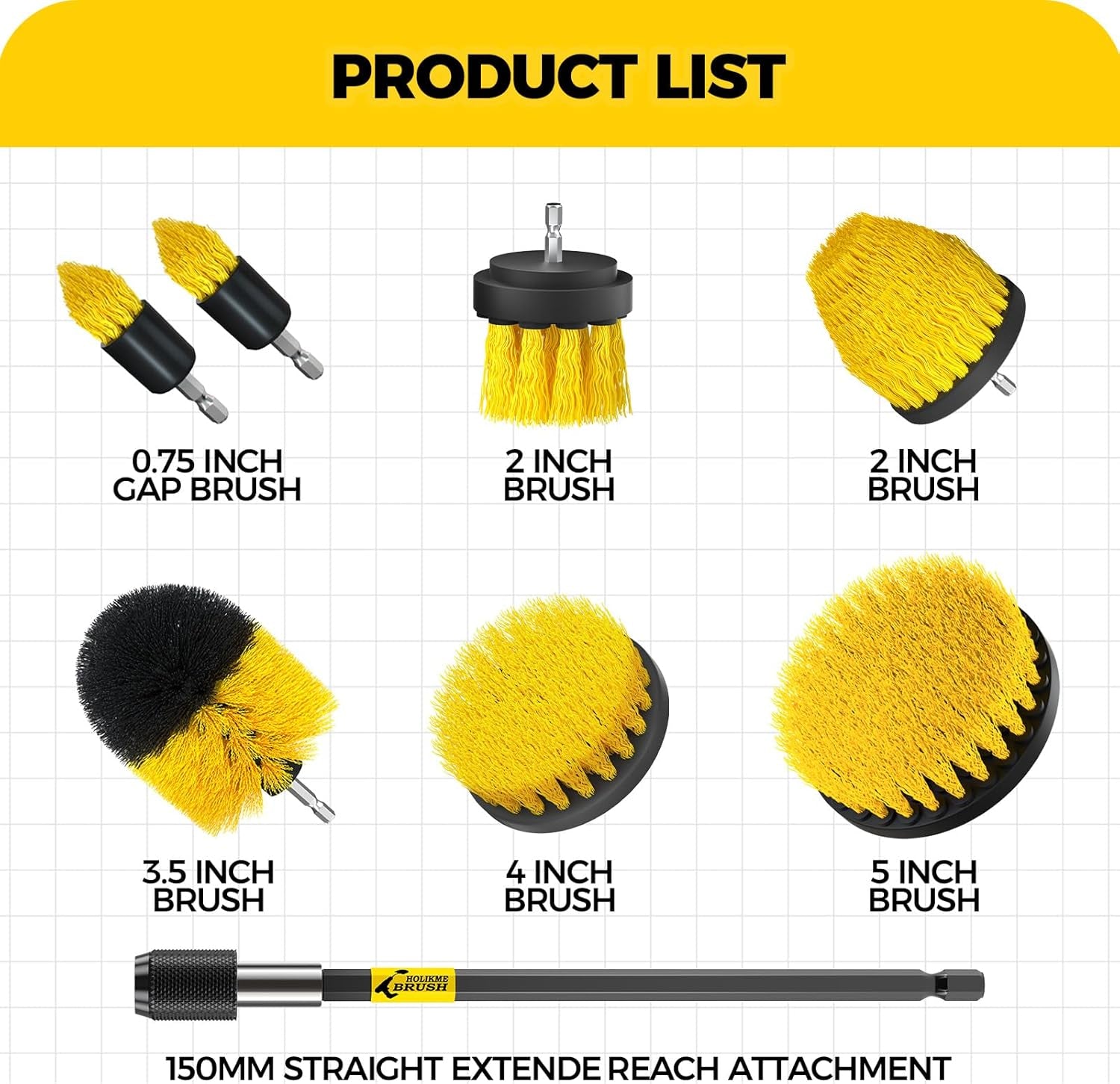 8 Piece Drill Brush Attachments Set, Power Scrubber with Extend Long Attachment,Cleaning Supplies for Bathtub, Shower, Grout, Tile(Yellow)