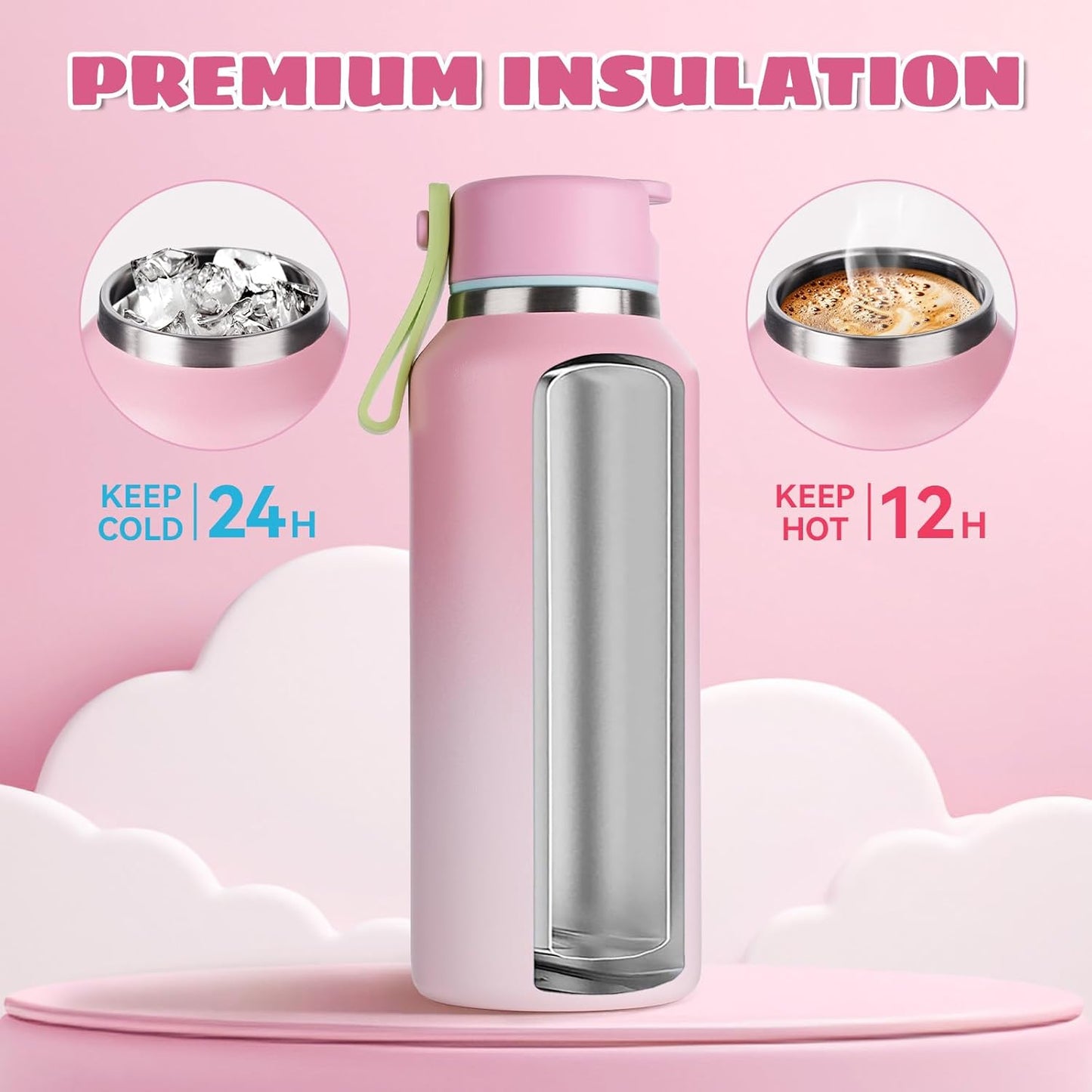 12Oz Toddler Cup, Insulated Kids Water Bottle for School Boys&Girls, 304 Stainless Steel Sport Water Bottle with Straws, Bpa-Free, Gradient Pink