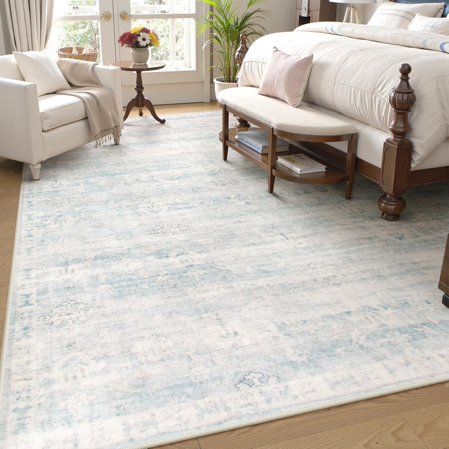 Blue Rugs for Living Room, 8X10 Distressed Light Blue Area Rugs for Bedroom, Stain Resistant Large Carpets for Dining Room, Soft Non Slip Floor Mat for Kids Room