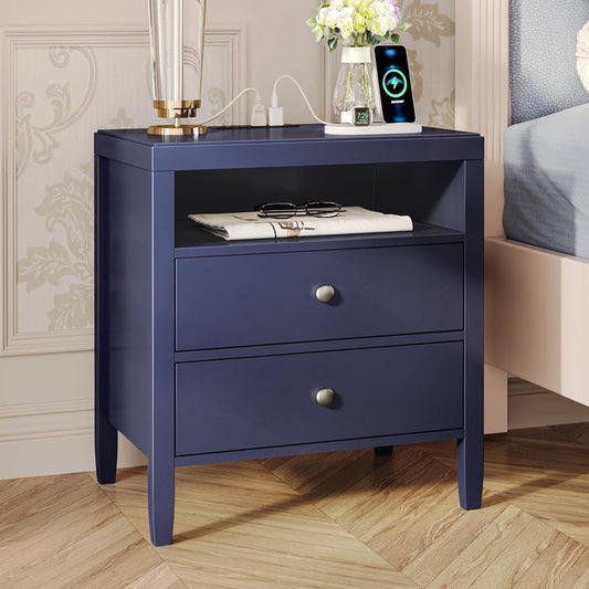 Modern Blue Nightstand with Charging Station and Two Drawers, Stylish Bedside Table for Bedroom Storage with Metal Knobs and Painted Finish