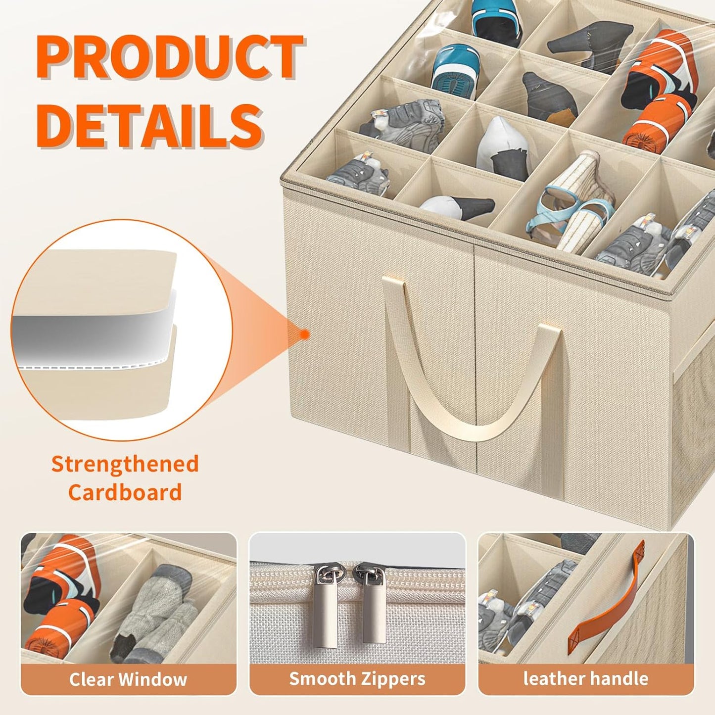 Shoe Storage Organizer for Closet, Large Shoe Box Storage Containers with Clear Cover and Reinforced Handles, Foldable Shoe Storage Organizer Box Bin, Fits to 12-16 Pairs, 2 Pack (Beige)