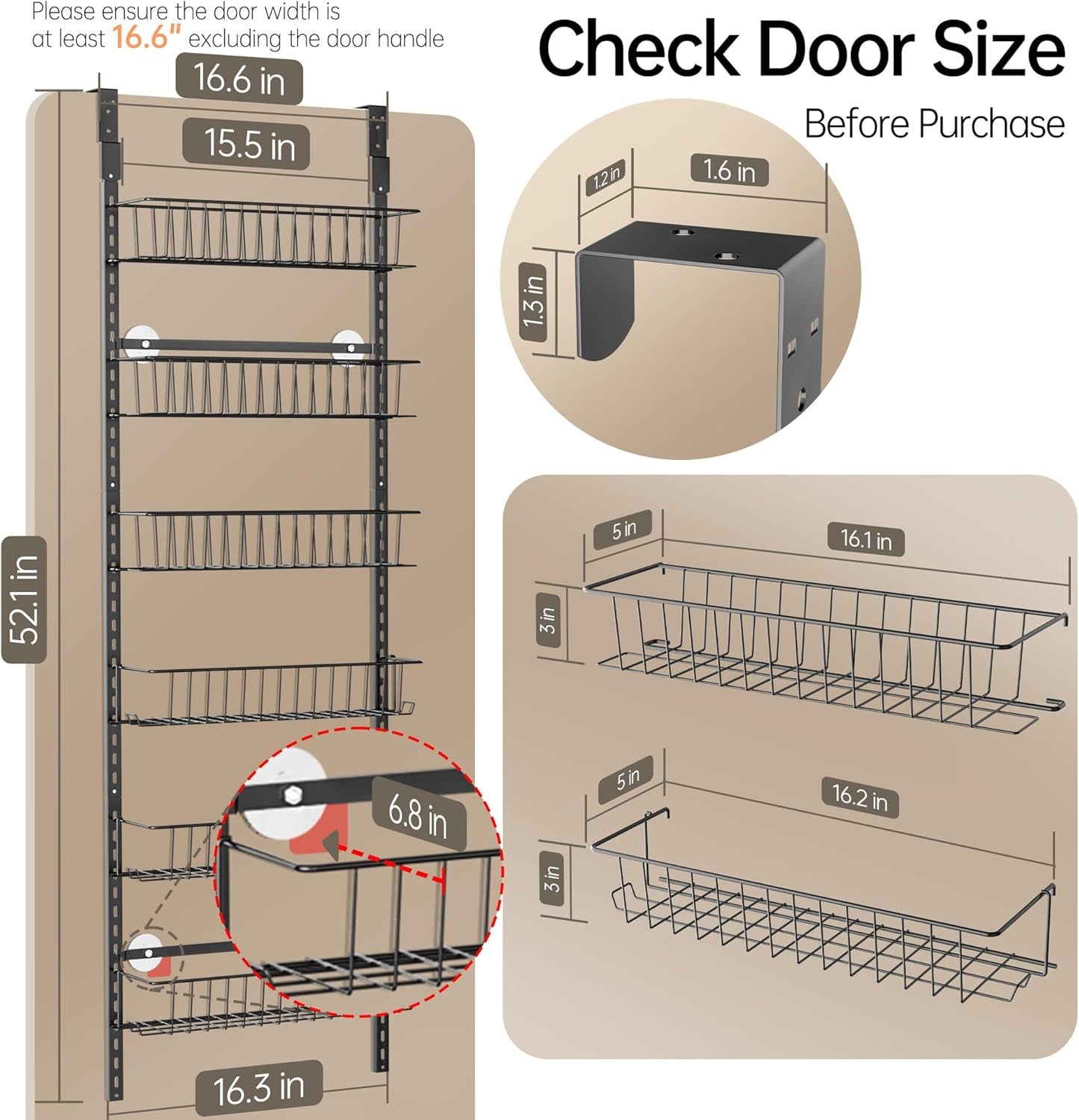 Adjustable Cabinet Door Organizer, 6-Tier Hanging Spice Rack Organizer, Metal over the Door Pantry Organizer, Pantry Organizers and Storage Shelves for Kitchen Bathroom Laundry Room, Black