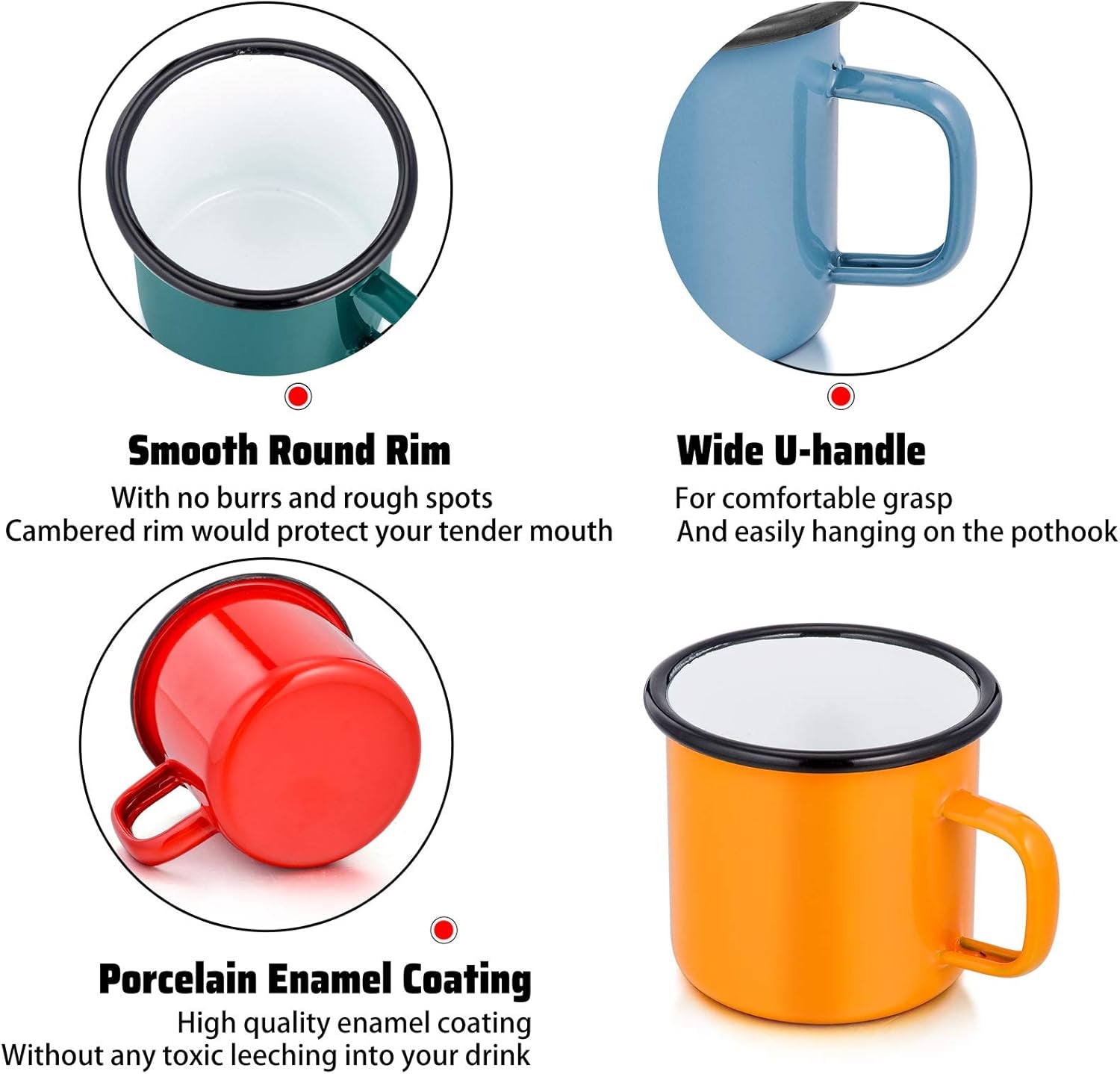 Camping Coffee Mug Set of 4, Enamel Tea Coffee Drinking Mugs Cups for Home Party Travel Picnic Camping, Reusable & Portable - 12 Ounce/355 ML