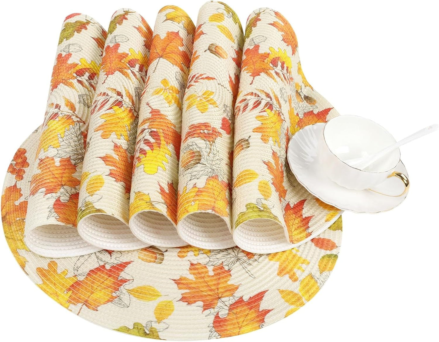 round Fall Placemats Set of 4 Orange Maple Leaves Nuts Acorn Polypropylene Woven Braided Place Mats 15 Inch Seasonal Autumn Thanksgiving round Table Mats Kitchen Dining Table Decoration