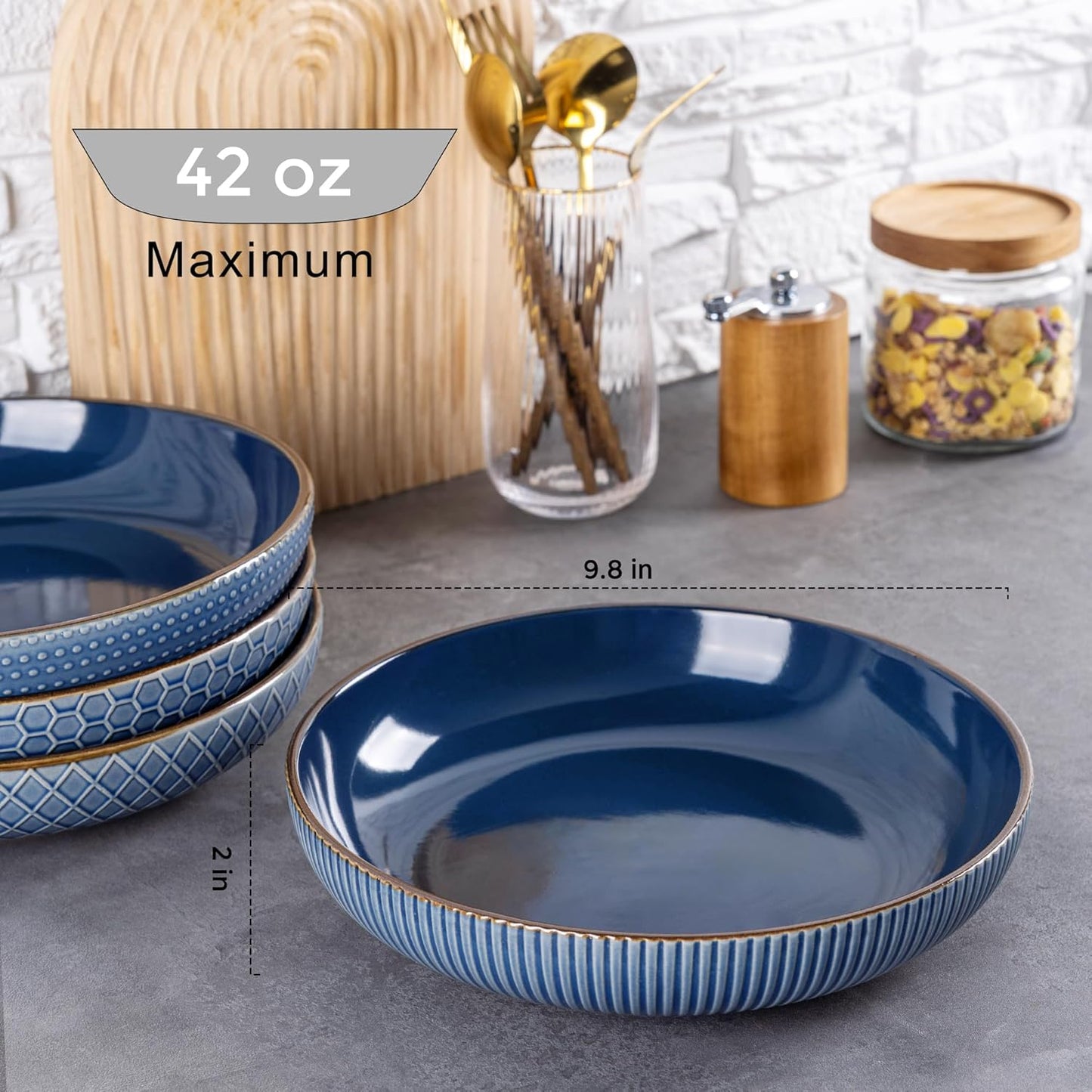 Large 9.5-Inch Stoneware Pasta Bowls, 42 Ounce Ceramic Serving Bowls with Textured Design for Salads, Fruits, Stews, and Noodles, Set of 4 in Moonlight Blue - Ideal Housewarming Gift