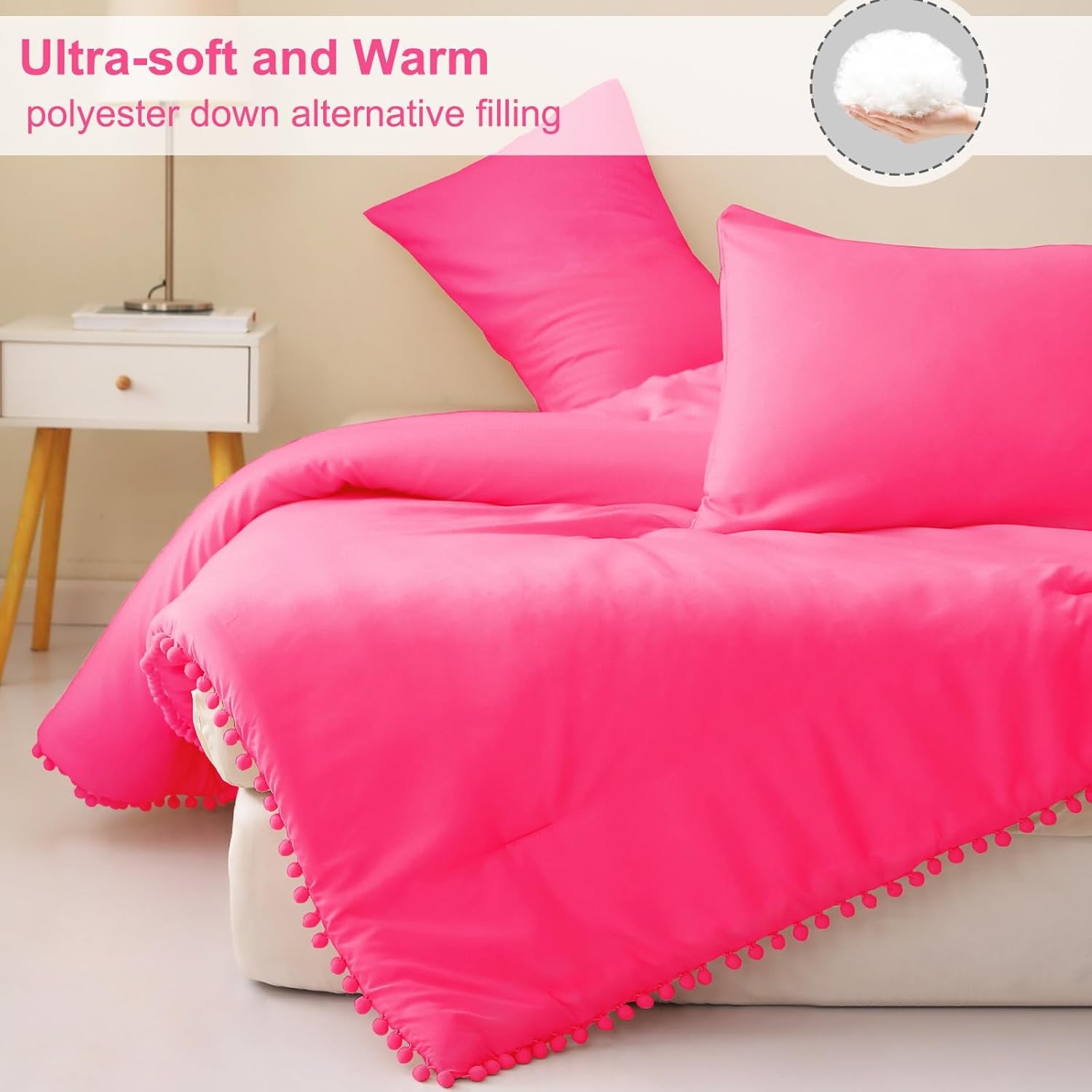 Bohemian Pom Pom Ball Fringe Queen Comforter Set, 3-Piece Lightweight Down Alternative Bedding for All Seasons in Hot Pink