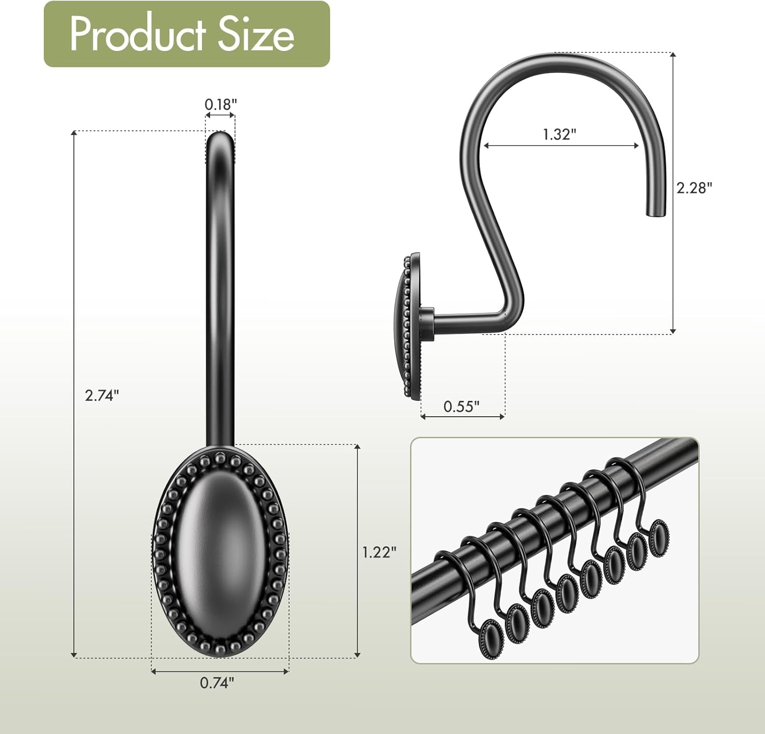 Black Shower Curtain Hooks, 12PCS Rust Proof Shower Curtain Rings, Decorative Modern Shower Curtain Hangers, Elliptical Heavy Duty Design Convenient for Bathroom Kitchen Wardrobe