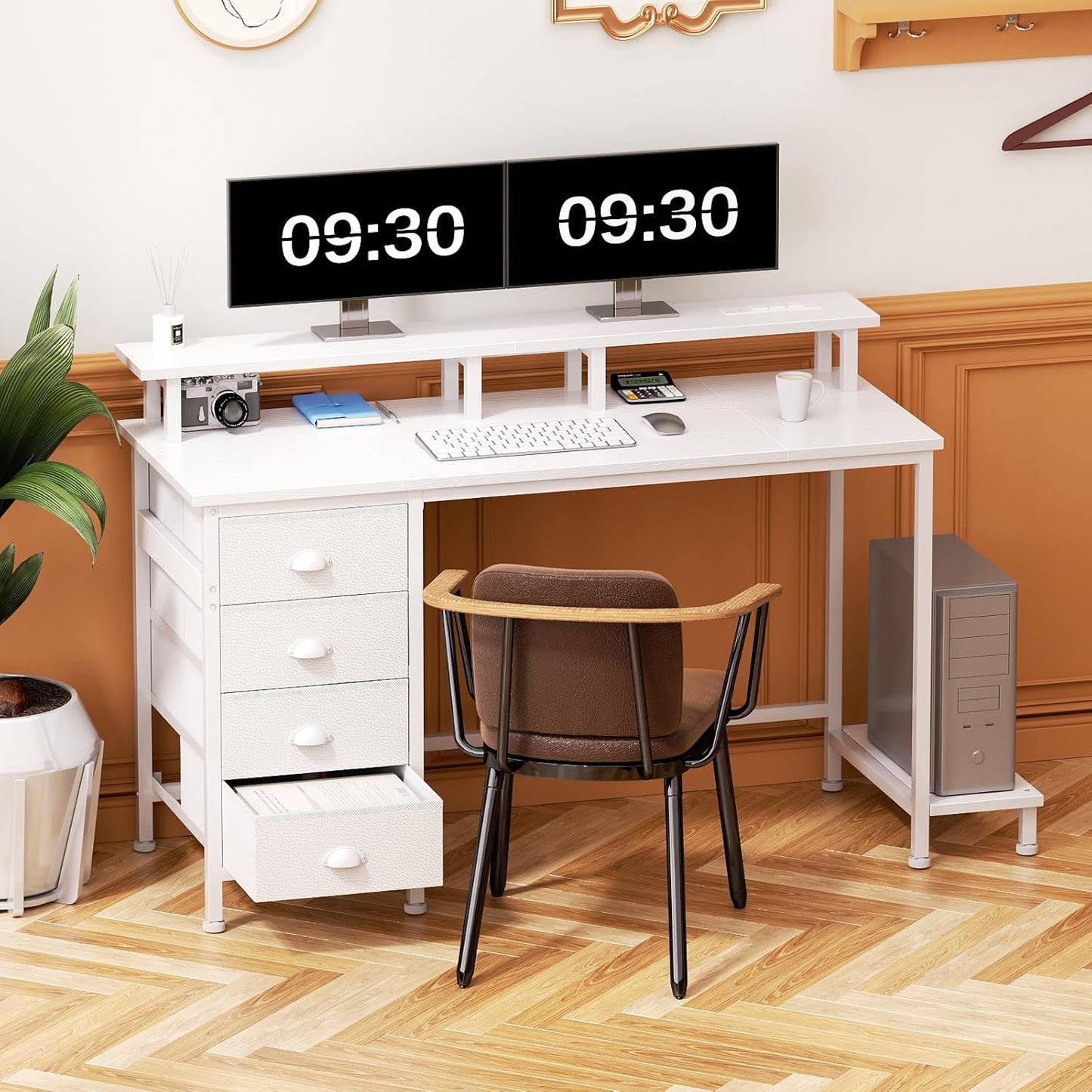 47" White Computer Desk with 4 Fabric Drawers & Monitor Stand, Gaming Desk with Power Outlets - LED Lights, Home Office Space-Saving Study Table for Bedroom Small Spaces