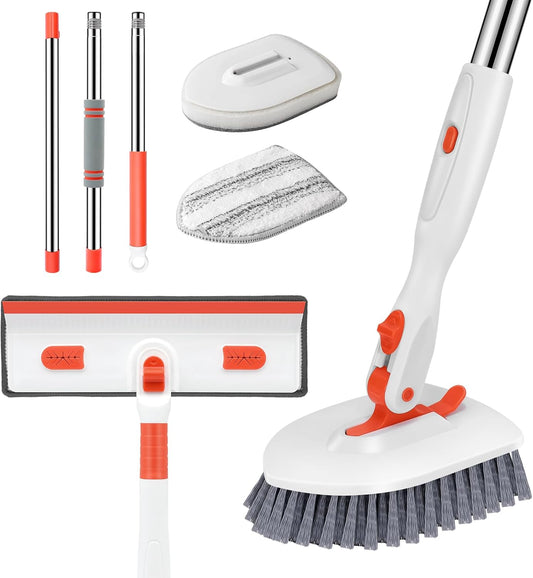 Floor Scrub Brush, 4-In-1 Tile Tub Floor Scrubber with Adjustable Long Handle Shower Cleaner Brush Comes with Window Scrubber for Cleaning Bathroom Kitchen Walls Tub Tile, Orange