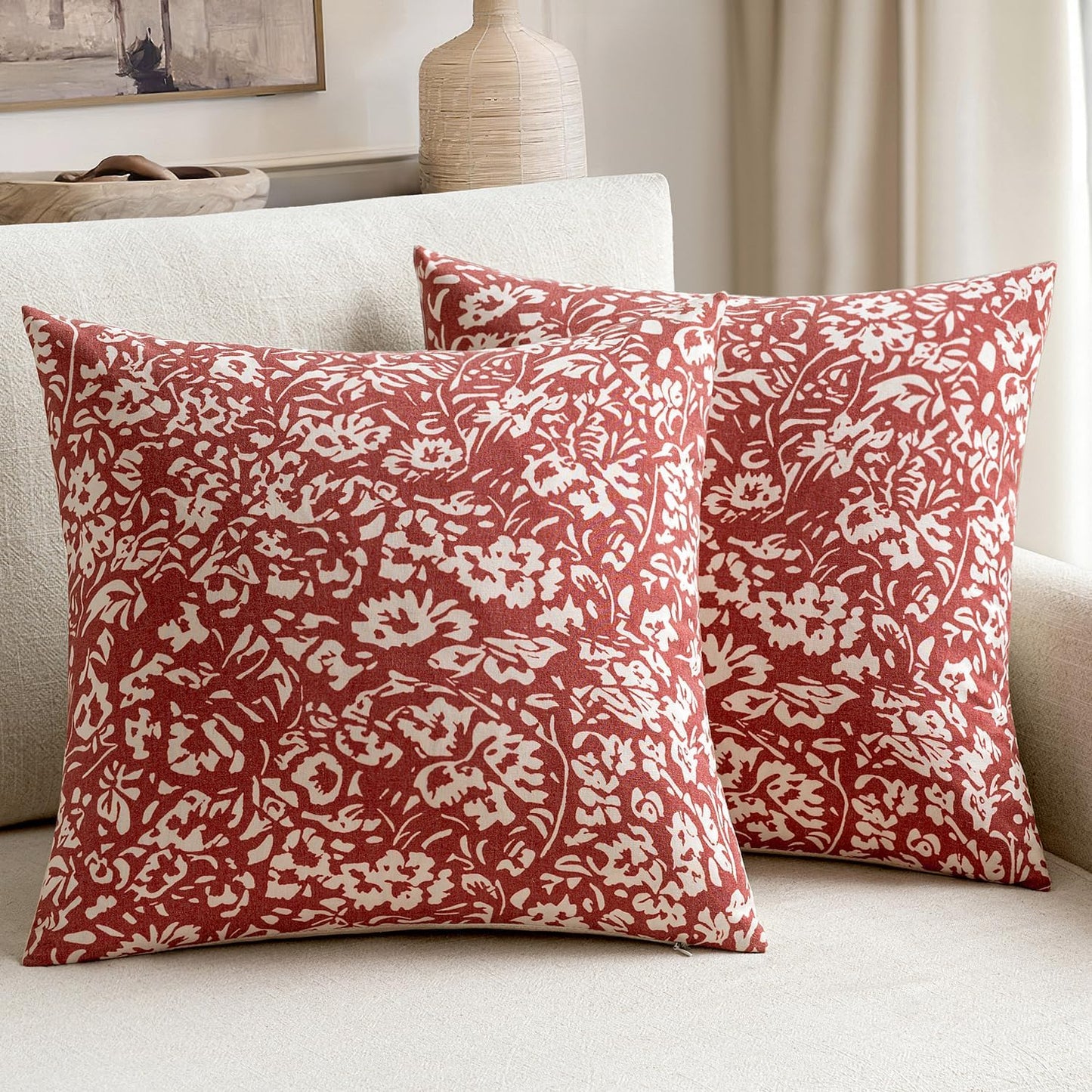 Floral Pillow Covers 18X18 Set of 2, Neutral Linen Decorative Throw Pillow Covers for Sofa Couch Outdoor Living Room, Farmhouse Cushion Covers, Red
