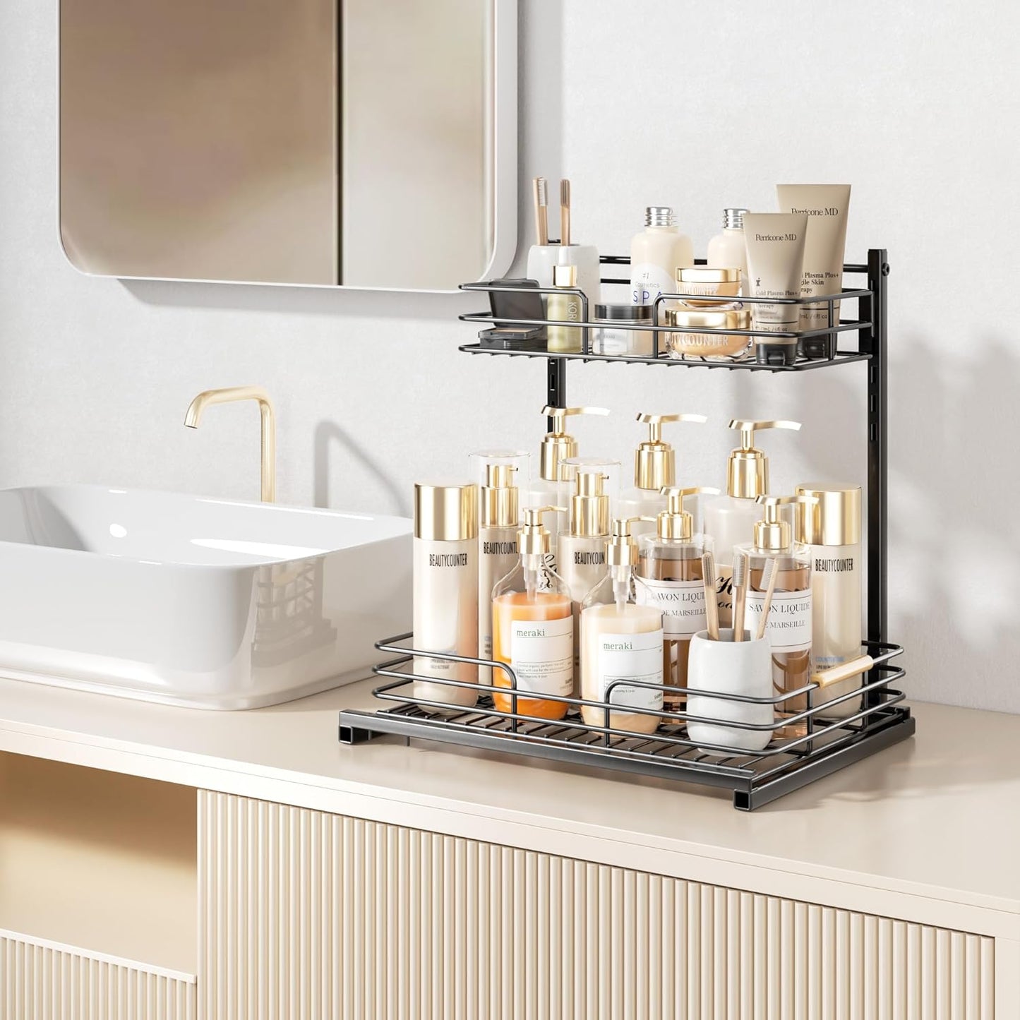under Sink Organizer, Height Adjustable under Sink Organizers and Storage, Slide Out under Sink Storage Shelf for Kitchen Bathroom Pantry Cabinet