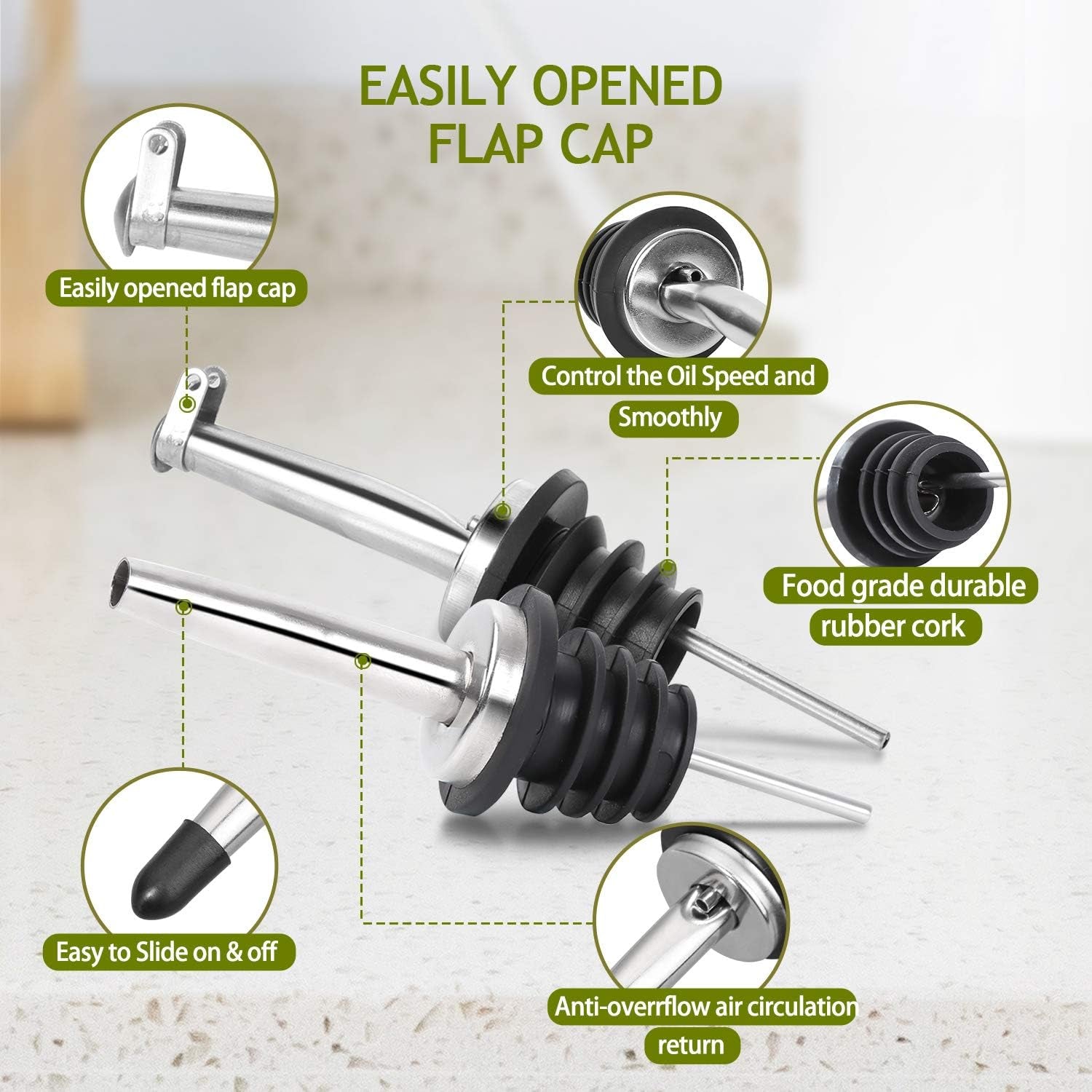 Glass Olive Oil Dispenser Bottle Set - 500Ml Dark Green Oil & Vinegar Cruet Bottle with Pourers, Funnel and Labels - Olive Oil Carafe Decanter for Kitchen, 17 Oz (Pack of 2)