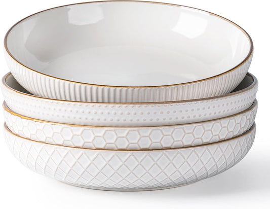 Set of 4 Off-White 9.5'' Large Stoneware Pasta and Salad Bowls - 42 Ounce Ceramic Serving Bowls with Textured Design for Pasta, Fruit, Stews, and Noodles - Ideal Housewarming Gift