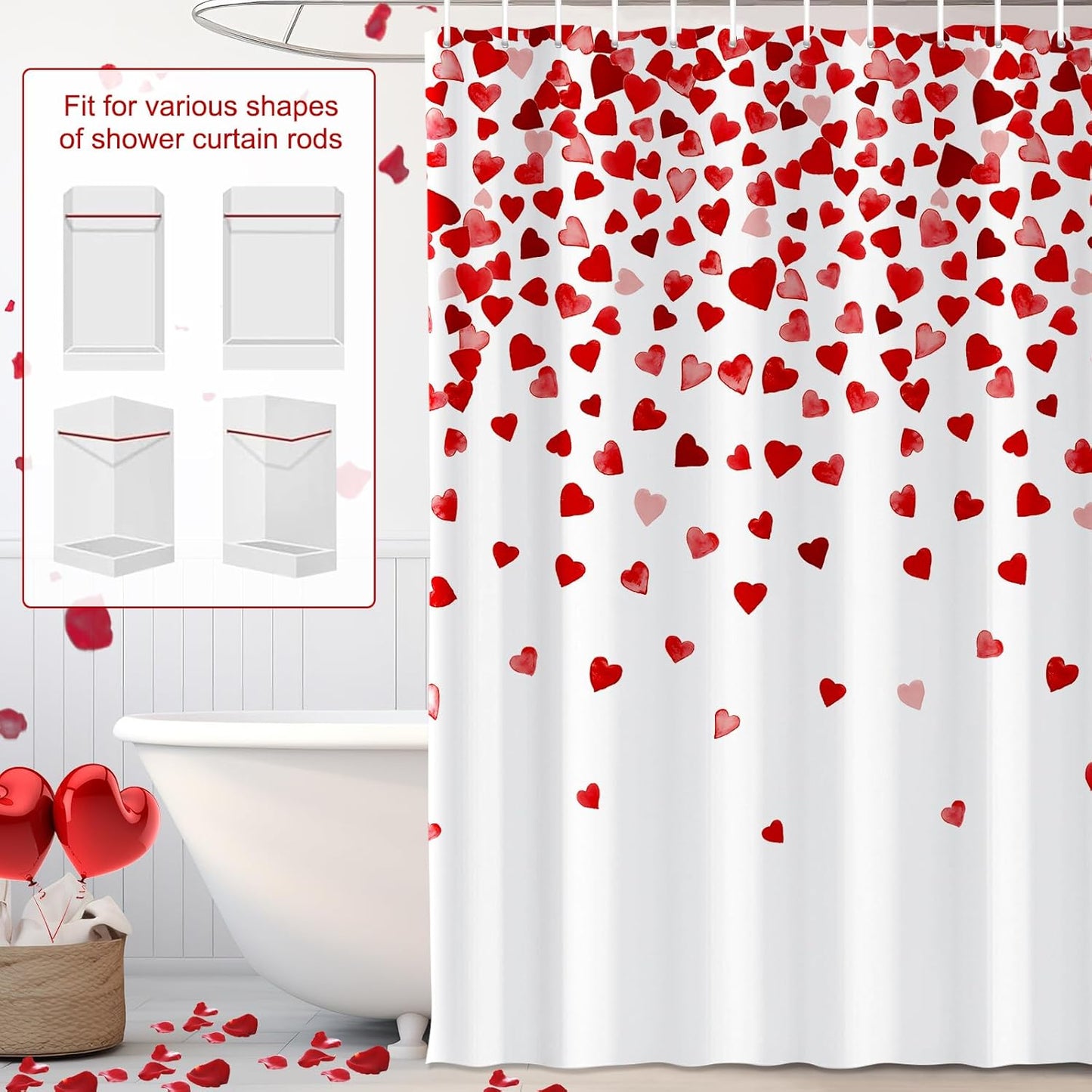 71 X 71 Inches Valentines Day Shower Curtain Top with Pink and Red Love Heart Romantic Bathroom Curtain Waterproof Polyester Curtain Hooks Set for Valentine'S Day Bathroom Decorations