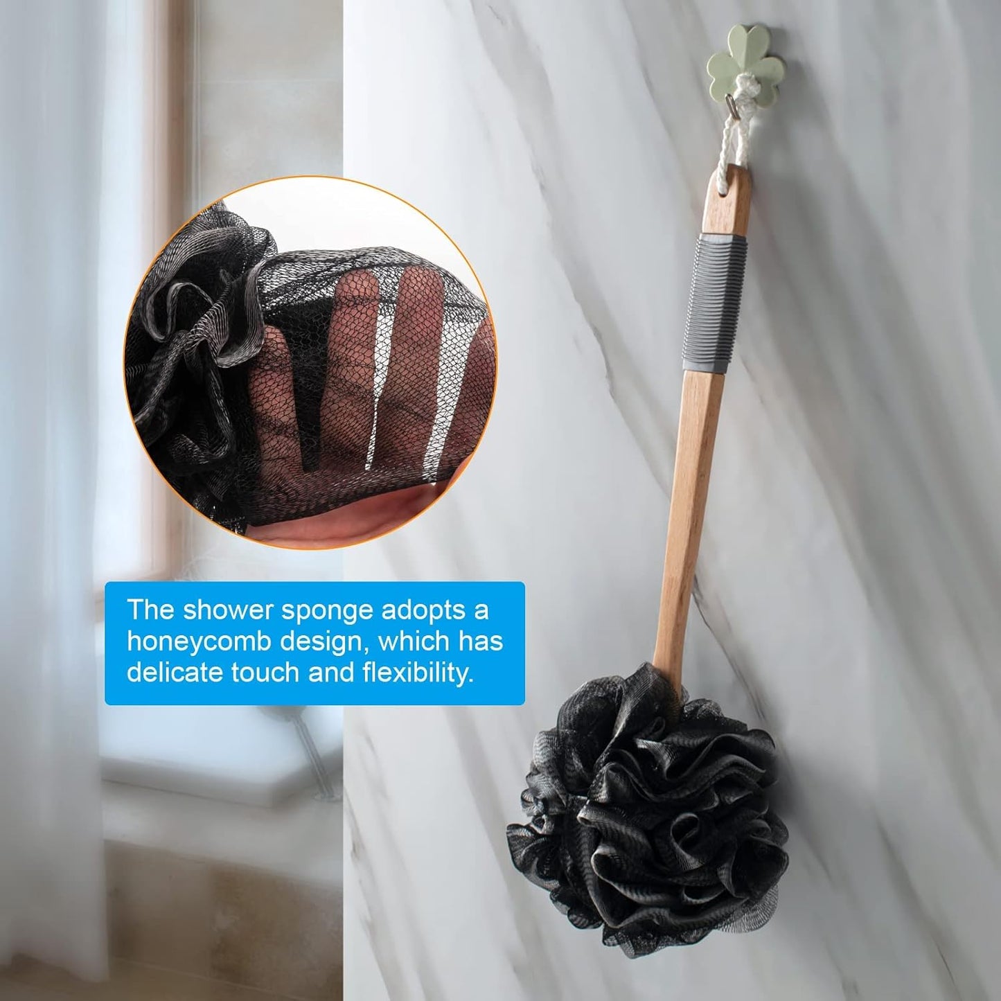 Shower Sponge Loofah Back Scrubber, PE Soft Mesh Loofah Body Scrubber with Long Wooden Handle, Bath Sponge for Men Women (Black)