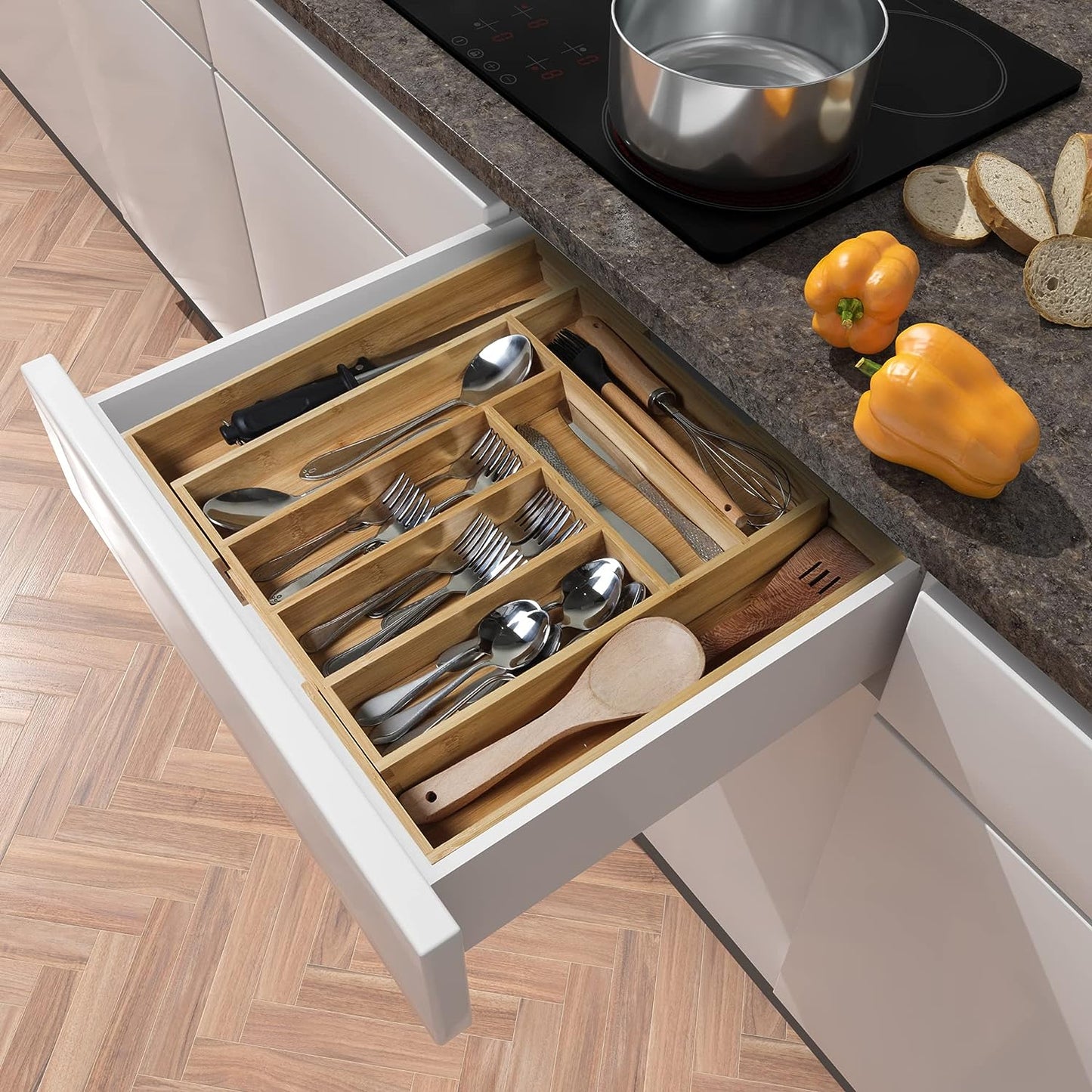 Silverware Organizer, Expandable Bamboo Utensil Drawer Organizer, Kitchen Drawer Organizer, Silverware Organizer for Cutlery, Utensils, Flatware Holder (6-8 Slots, Natural) Pack of 1