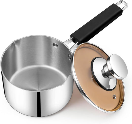 1 Qt Sauce Pan with Lid, Small Stainless Steel Sauce Pan, Tri-Ply Milk Induction Saucepan for Cooking Boiling Stewing, Heat-Proof Handle & Visible Lid, Dishwasher Safe
