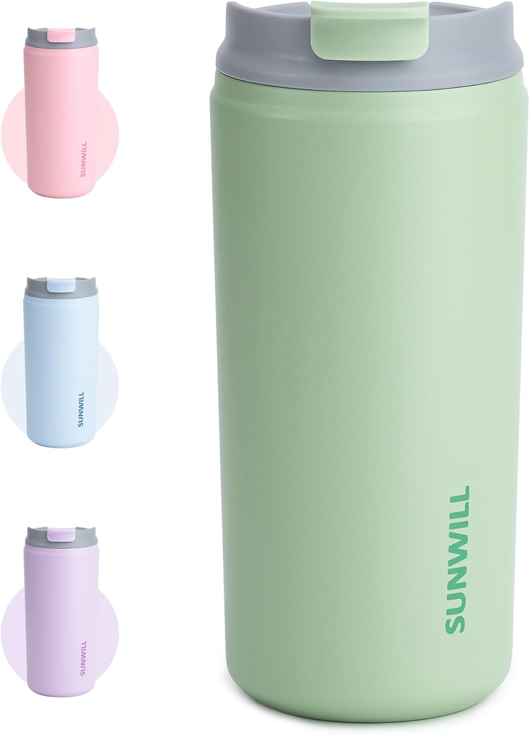 Insulated Coffee Mug with Lid, Leak Proof Tumbler Stainless Steel, 12 Oz Travel Cup for Office, Home, Powder Coated Matcha