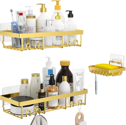 3-Pack Shower Caddy Basket Shelf with Soap Holder, No Drilling Traceless Adhesive Shower Wall Shelves, Rustproof Gold Bathroom Shower Storage Organizer