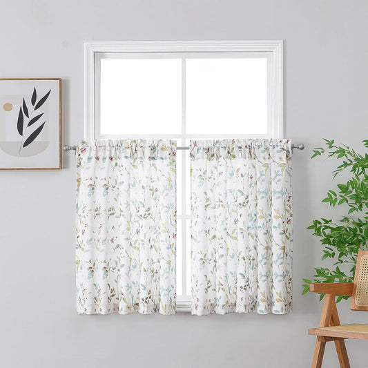 Roman Kitchen Curtains 36 Inch Length, Light Filtering Linen Blend Textured Small Window Curtains over Sink, Leaf Floral Printed Short Curtain for Bathroom Basement, 28Wx36L Inch, 2PCS