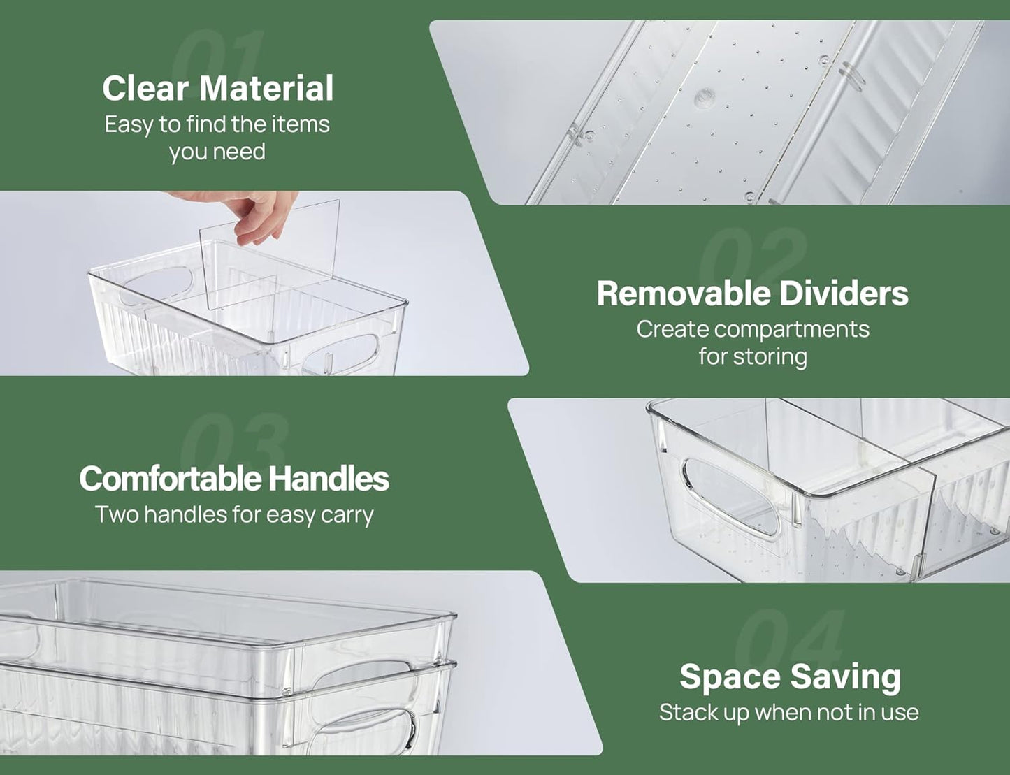 Refrigerator Organizer Bins with Removable Dividers, Freezer Organizer Bins Clear Pantry Organization and Storage Bins, Plastic Stackable Food Storage Bins for Fridge, Kitchen, Cabinet (4 Pack)