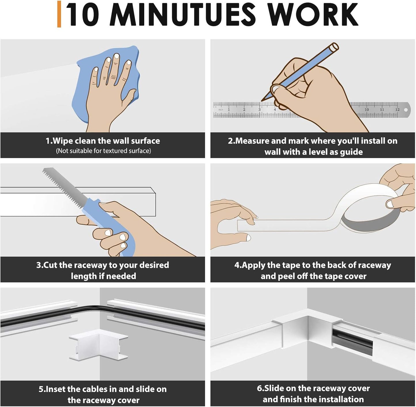 254In Cord Hider, One-Wire Cable Hider, Cable Covers for Cords on Wall, Easy-To-Install Cable Hiders for Mounted Tv, Cable Management Kit, L16.9In W0.59 H0.4In, White