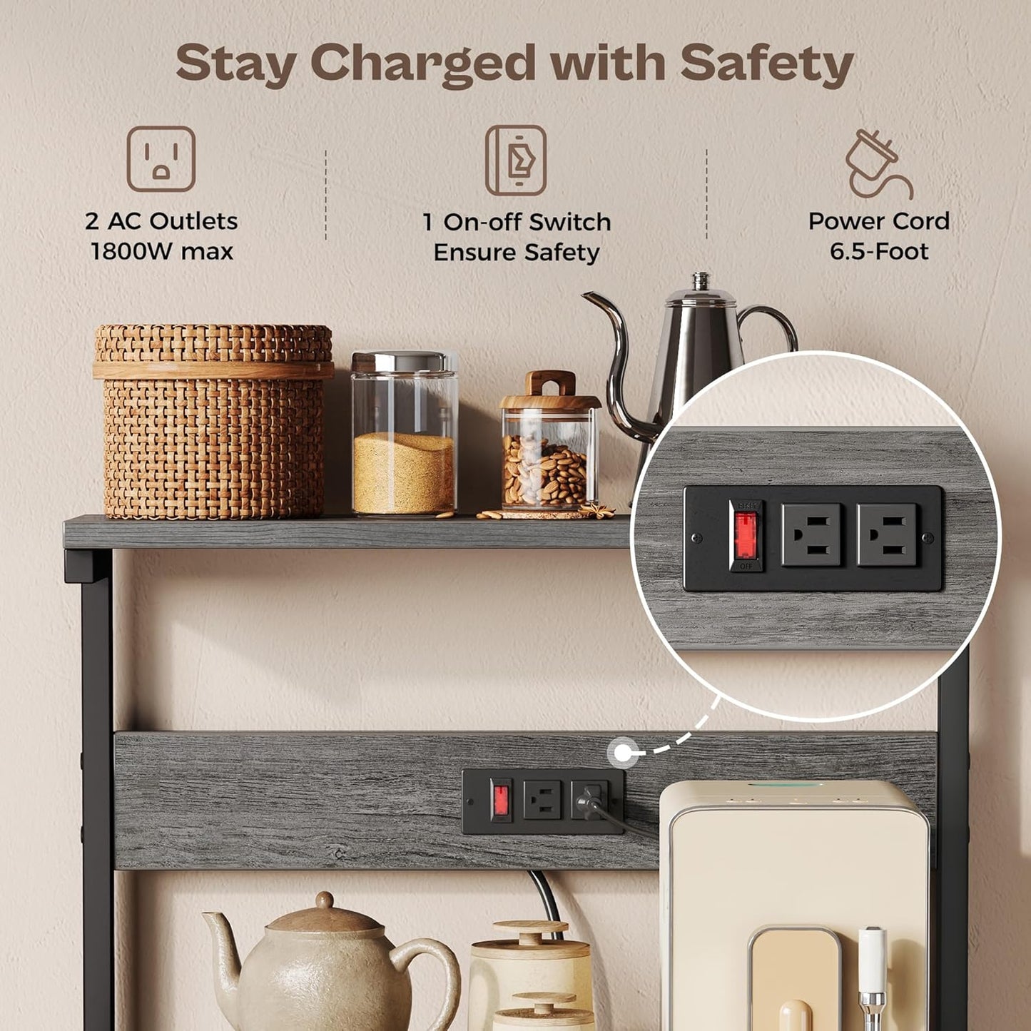 Professional Kitchen Bakers Rack with Power Outlet, 4-Tier Coffee Bar Table, Microwave Stand with 6 S-Shaped Hooks, Storage Shelf for Spices, Pots, and Pans - Charcoal Gray