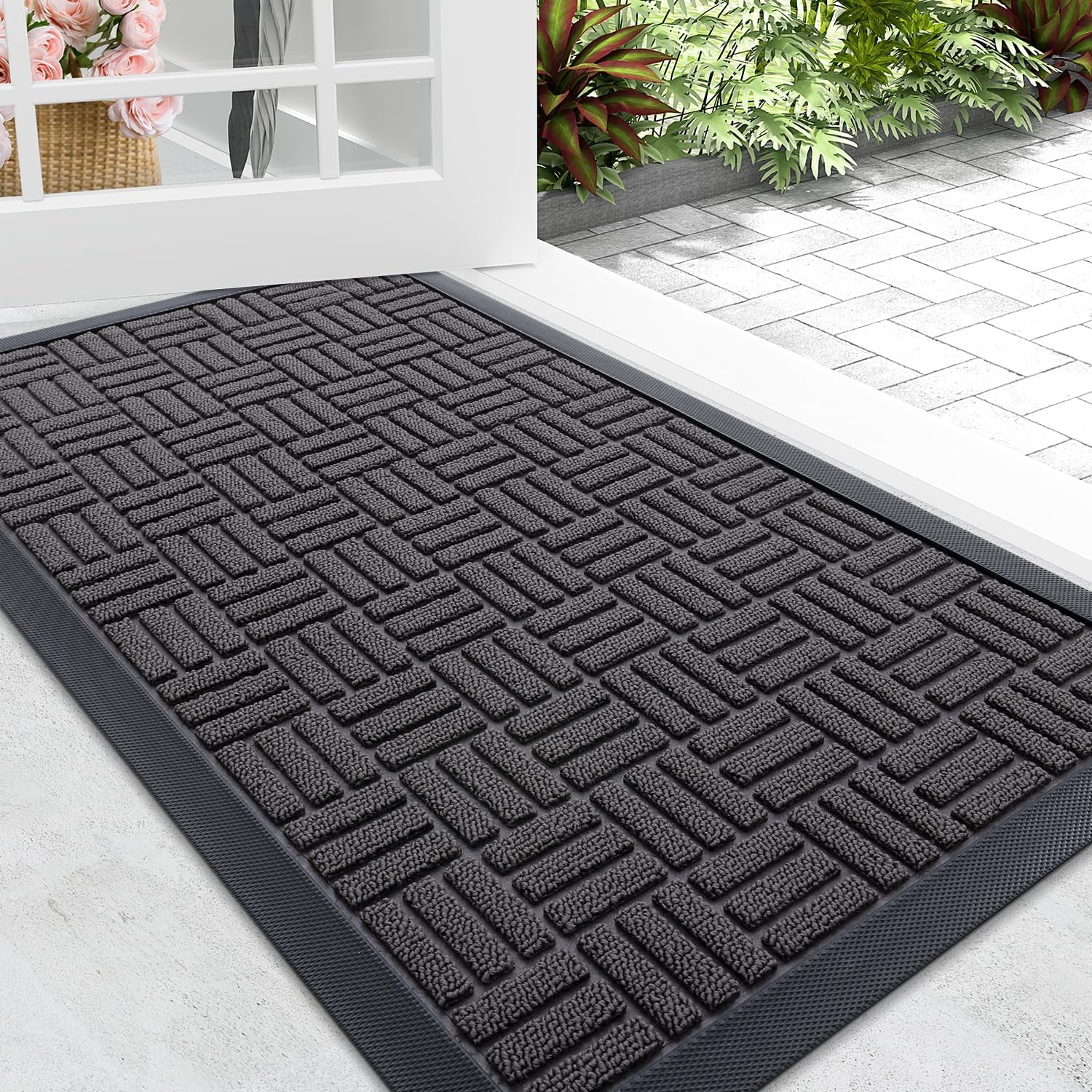 Front Door Mat outside Entrance 29X17, Absorbent, Heavy Duty Sturdy Natural Rubber Doormat Indoor Outdoor, Stain and Fade Resistant, Non-Slip Backing Low Profile Floor Mat for Entryway, Gray