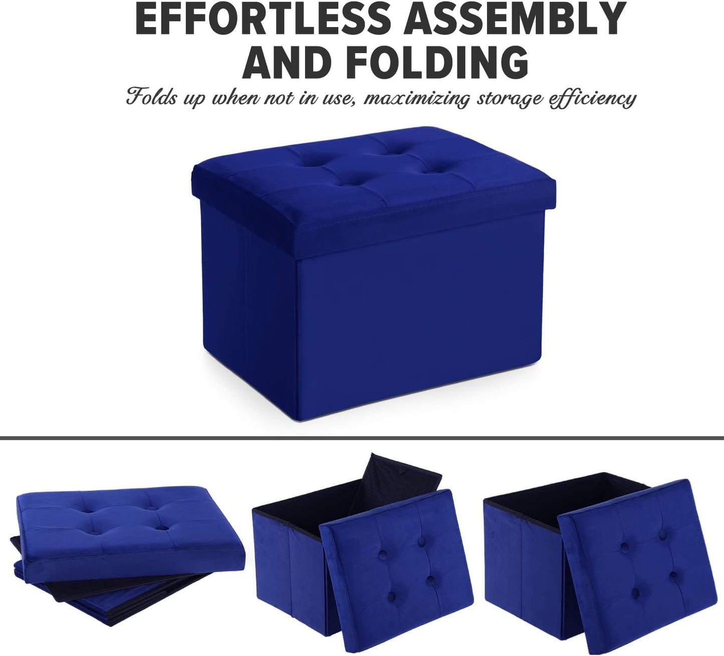 Navy Small Velvet Rectangle Ottoman with Storage - Button-Tufted Folding Foot Rest for Desk or Room Use (16"x12"x12")