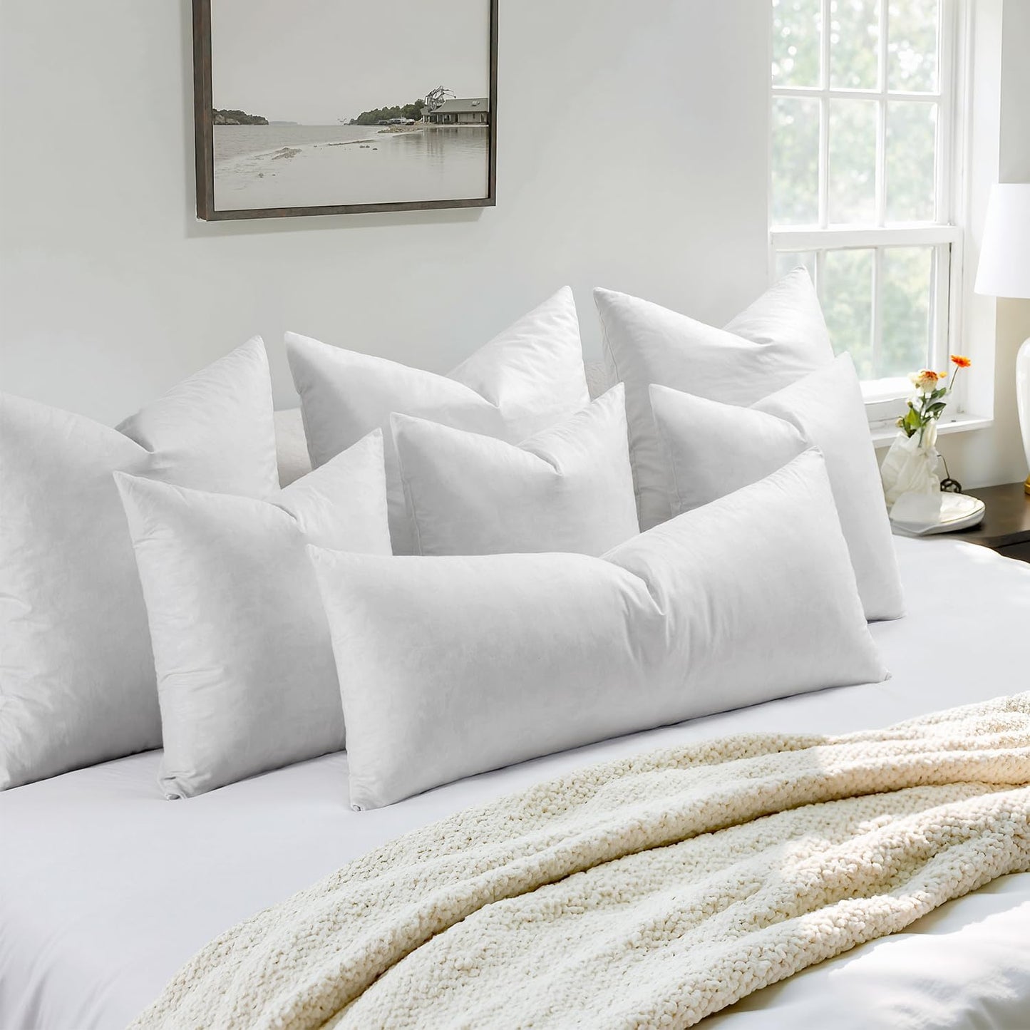 Set of 4 Decorative Pillow Inserts 20x20 Inches, Feather Blend Polycotton with Cotton Fabric for Couch, Bed, and Sofa