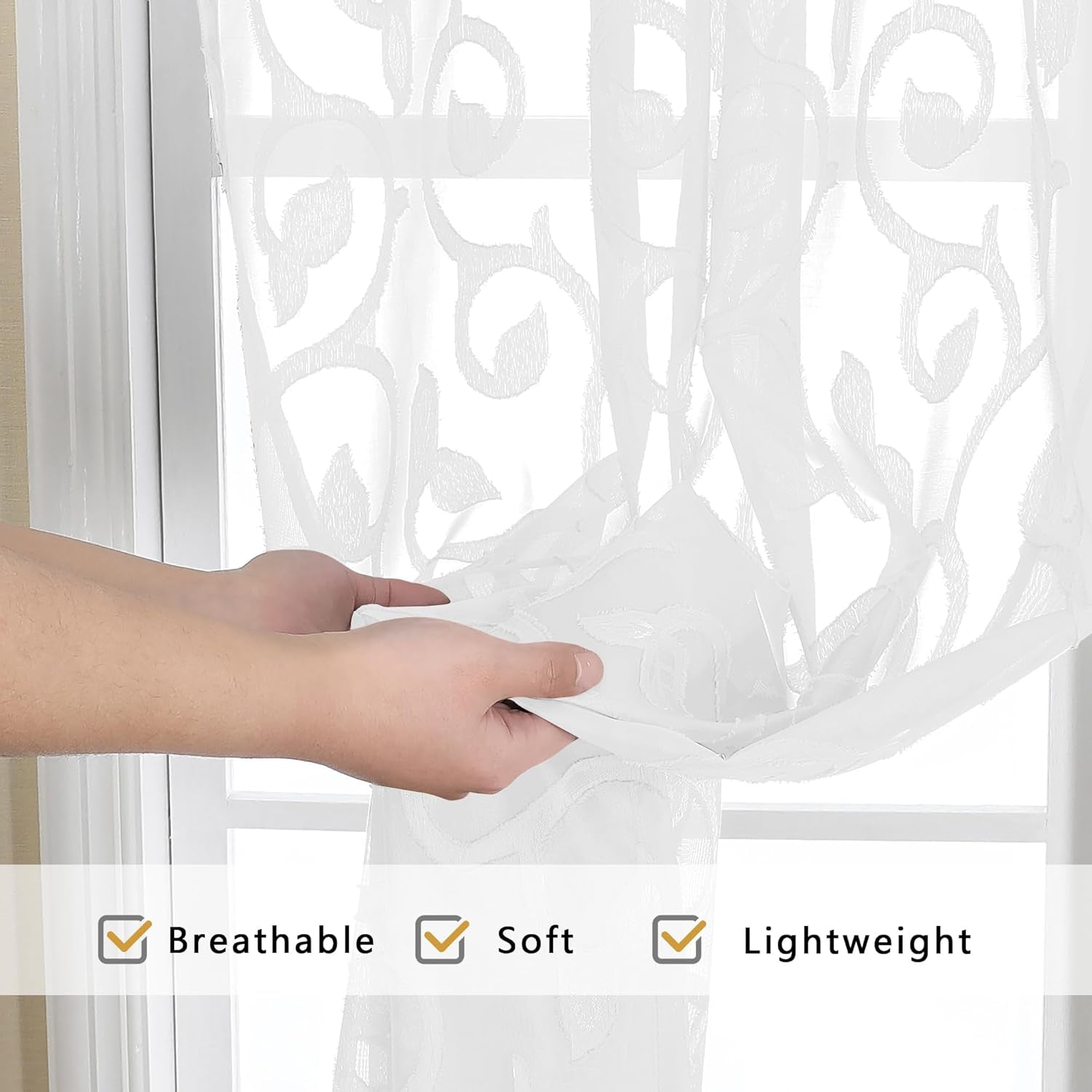 Furman Sheer White Curtains 45 Inch Length 2 Panels Set for Living Room Bedroom Bathroom Window, Airy Jacquard Clip Short Curtains for Small Window, 40Wx45L Inch