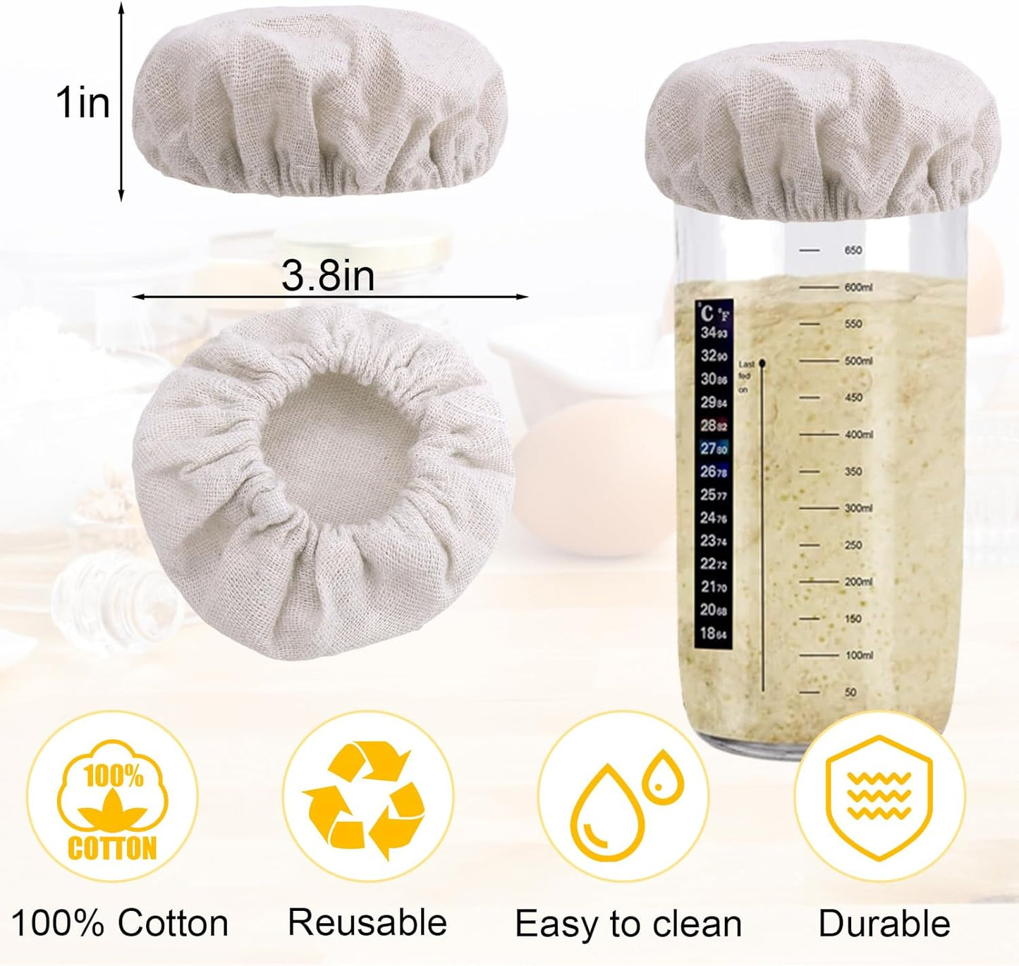 100% Cotton Sourdough Jar Cover,5 PCS Reusable Sourdough Bread Proofing Starter Jar Cloth Covers for Most Glass Mason Sour Dough Crock
