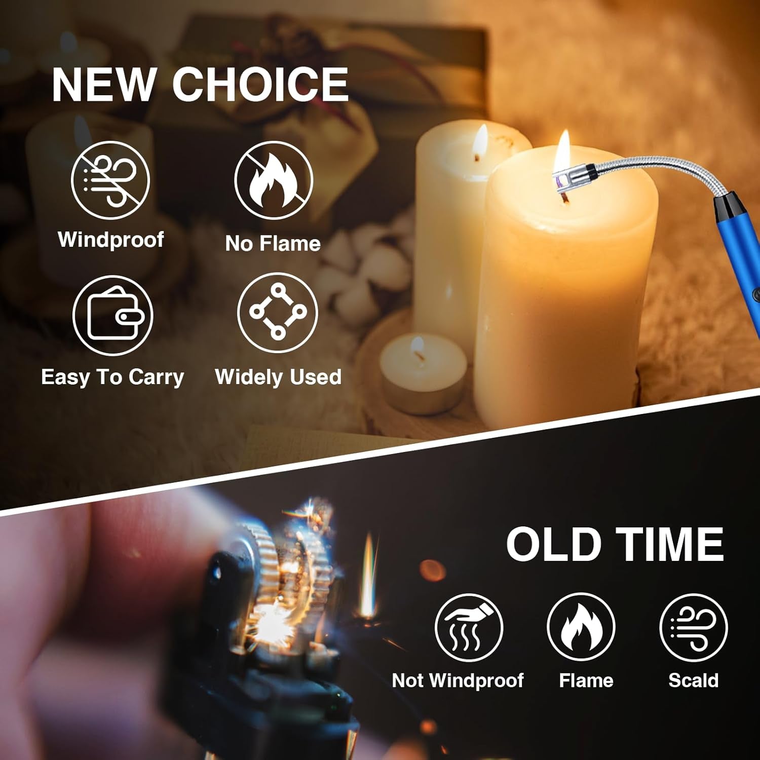 2 PCS Candle Lighter, Electric Lighter Arc Windproof Flameless with 360° Flexible Neck & LED Power Display, Lighters for Candle for BBQ, Grill, Camping, Fireplace, Stove(Blue)