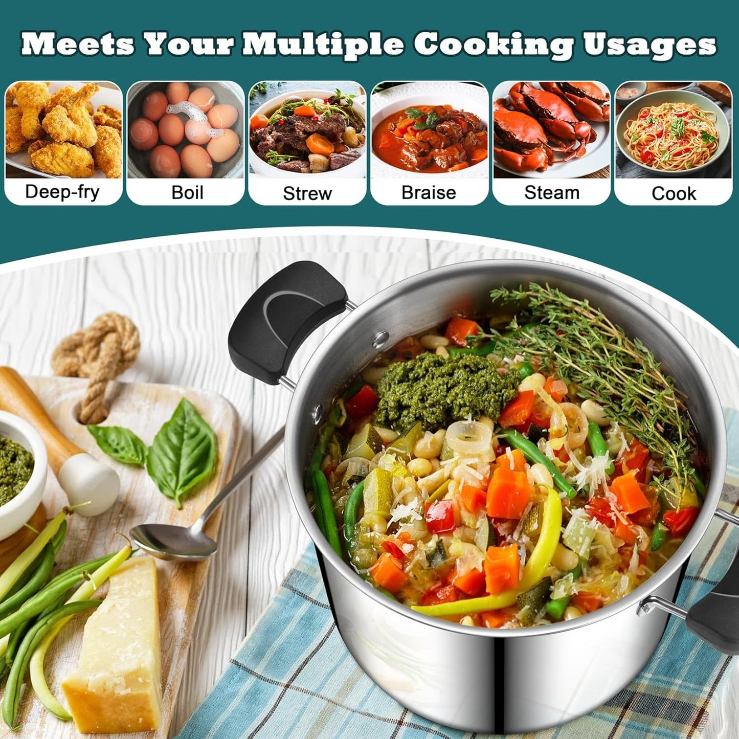 Stainless Steel 3-Ply Sock Pot with Lid, Stockpot for Cooking Pasta & Stewing Soup, Fits Multi Stoves, Heat-Proof Handle & Clear Lid, Heavy Duty & Dishwasher Safe, 10 Quarts